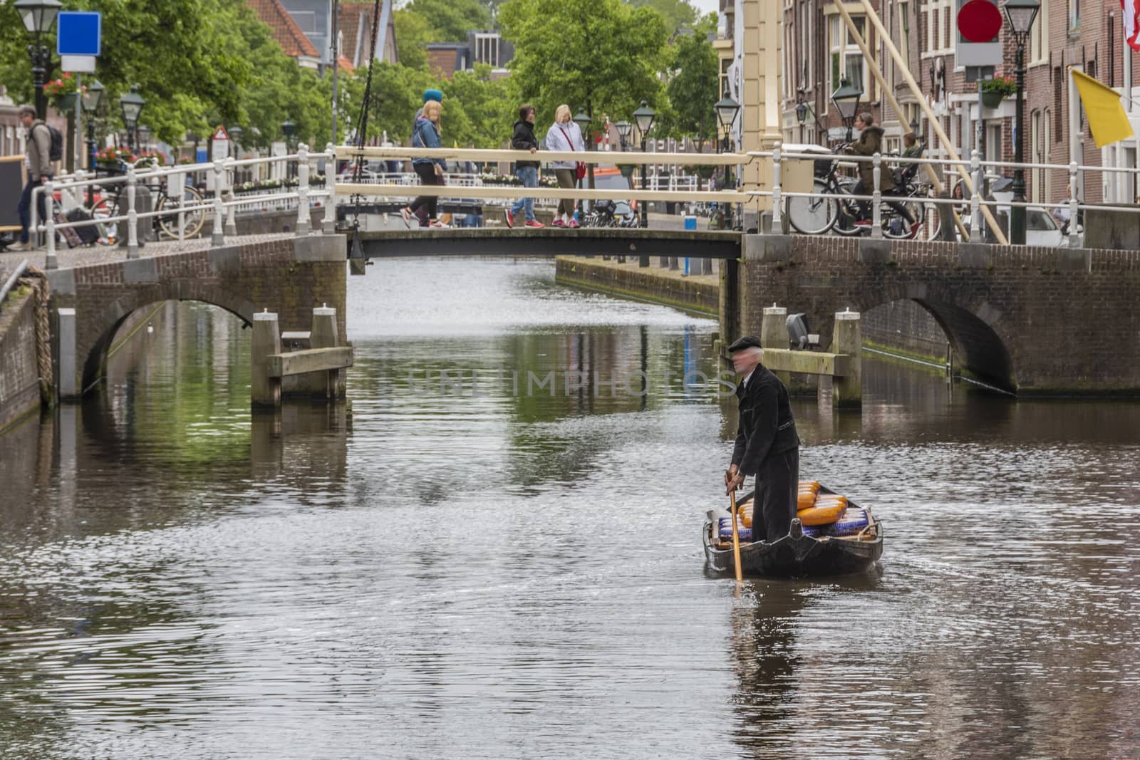boat with cheeses in an alkmaar channel after having crossed one of the drawbridges netherlands holland