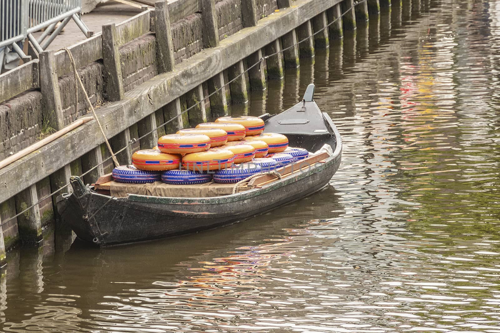 Close-up of boat with cheeses waiting for them to be unloaded for the Friday market in Alkmaar. netherlands holland