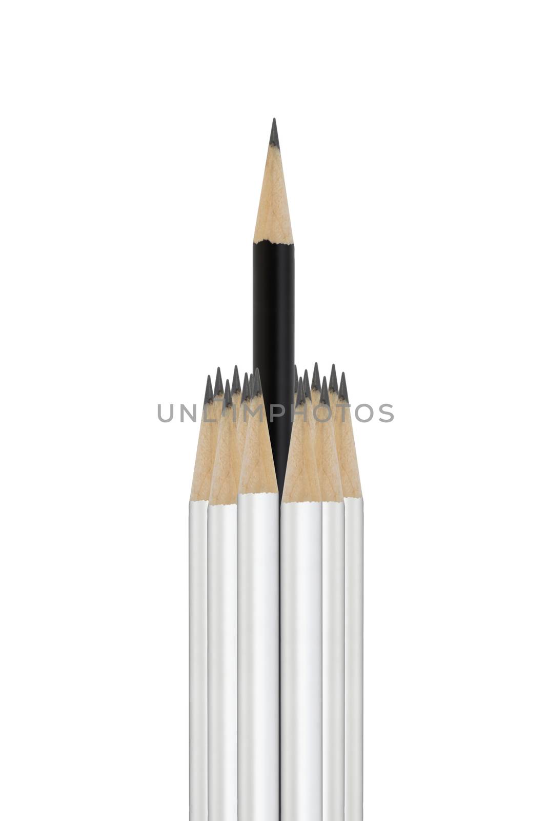 A black pencil grouped within white pencils signifying difference beating the odds success rising above