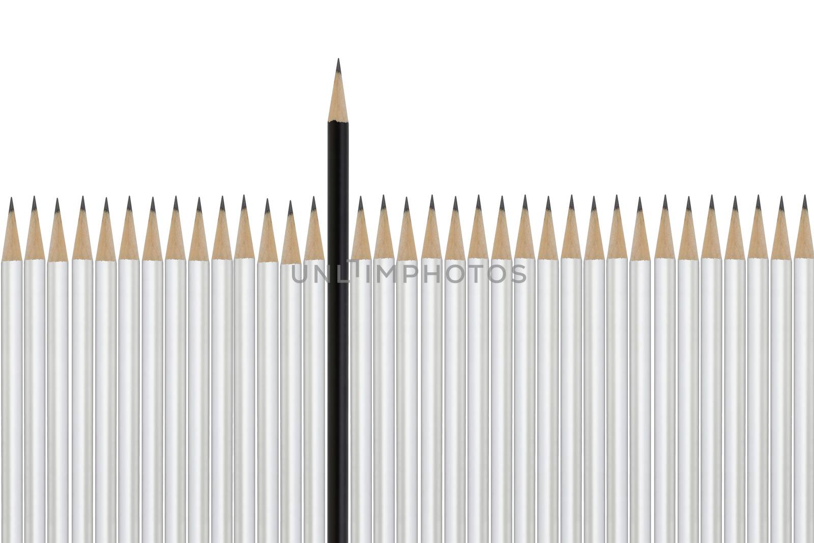 A black pencil among white pencils signifying difference beating the odds success