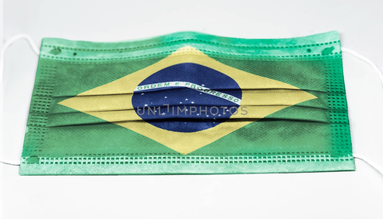 surgical mask with the national flag of Brazil printed. Pandemic covid-19 and preventive measures to counter the spread of the virus
