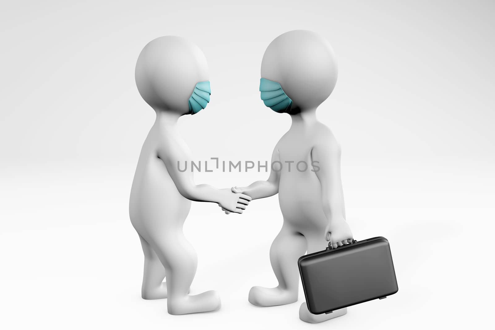 Fatty men with mask doing business deal making an agreement with a handshake. 3d rendering