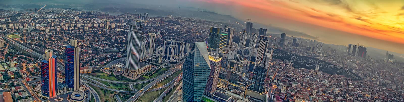 Istanbul sunset skyline aerial panoramic view from Sapphire tower, Levent Financial District, Istanbul Turkey. Beautiful Bosphorus Bridge, business towers, modern offices, central banks, skyscrapers