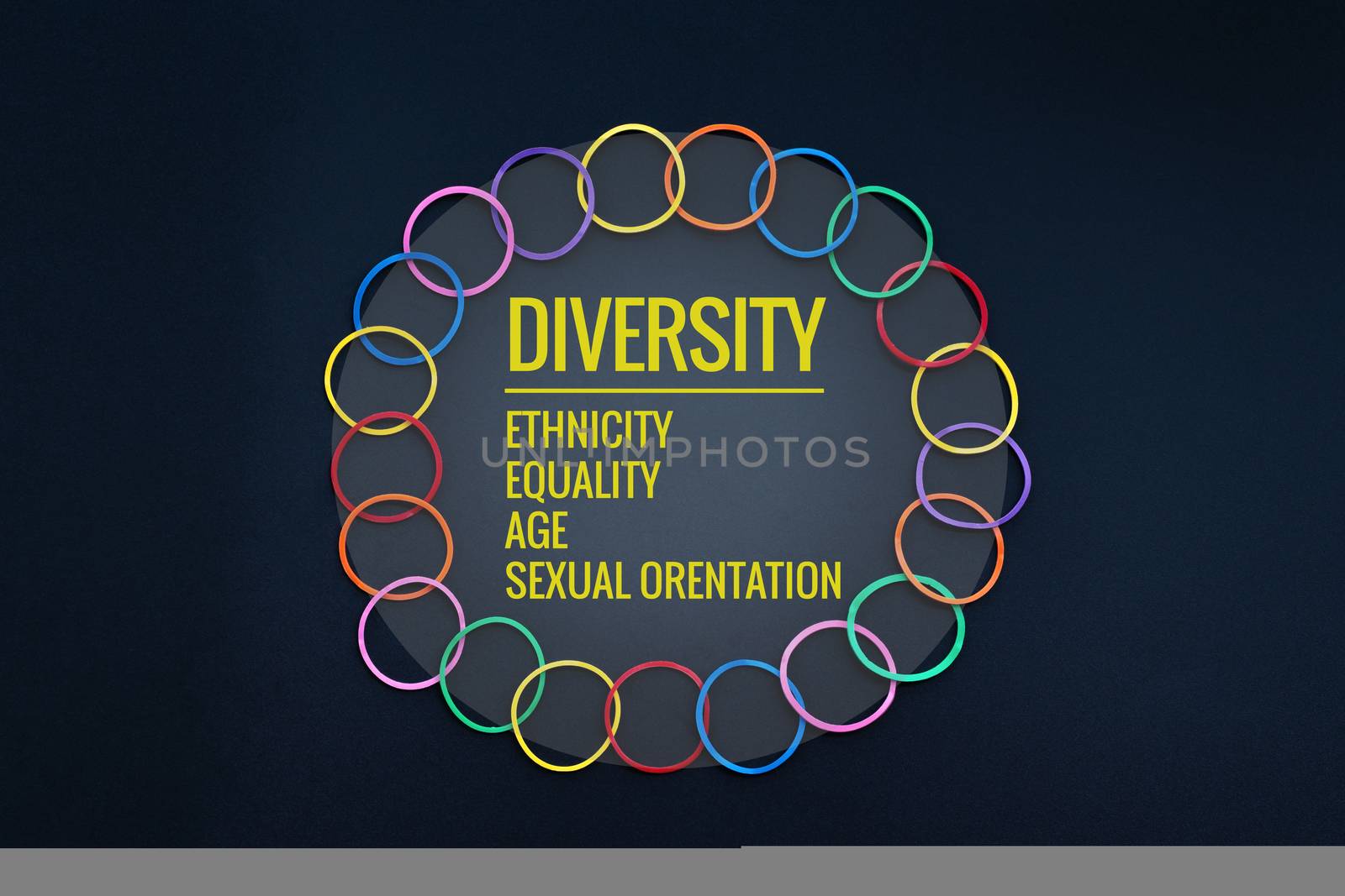 Diversity concept. mix colorful rubber band on black background with text Diversity, Ethnicity, Equality, Age, Sexual Orientation