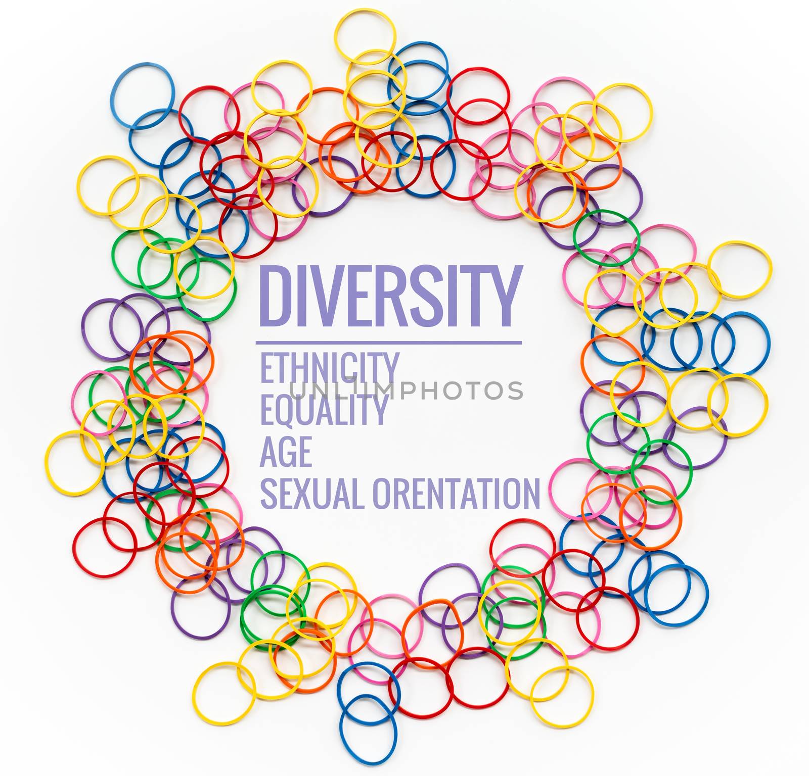 Diversity concept. mix colorful rubber band on white background with text Diversity, Ethnicity, Equality, Age, Sexual Orientation