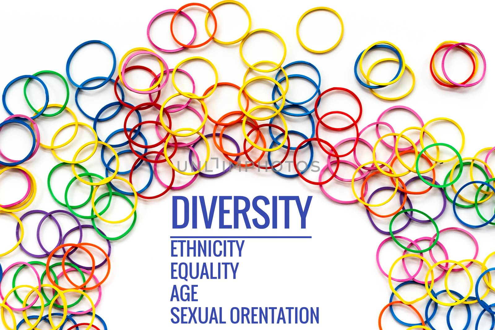 Diversity concept. mix colorful rubber band on white background with text Diversity, Ethnicity, Equality, Age, Sexual Orientation