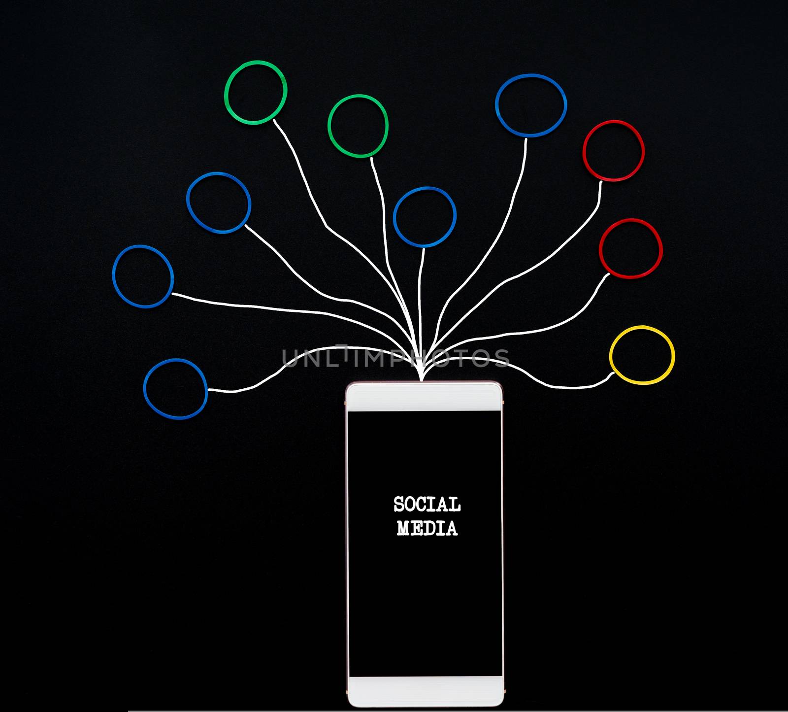 Social media and communication concept, the smartphone with rubber band with hand writing of social media icon on black background