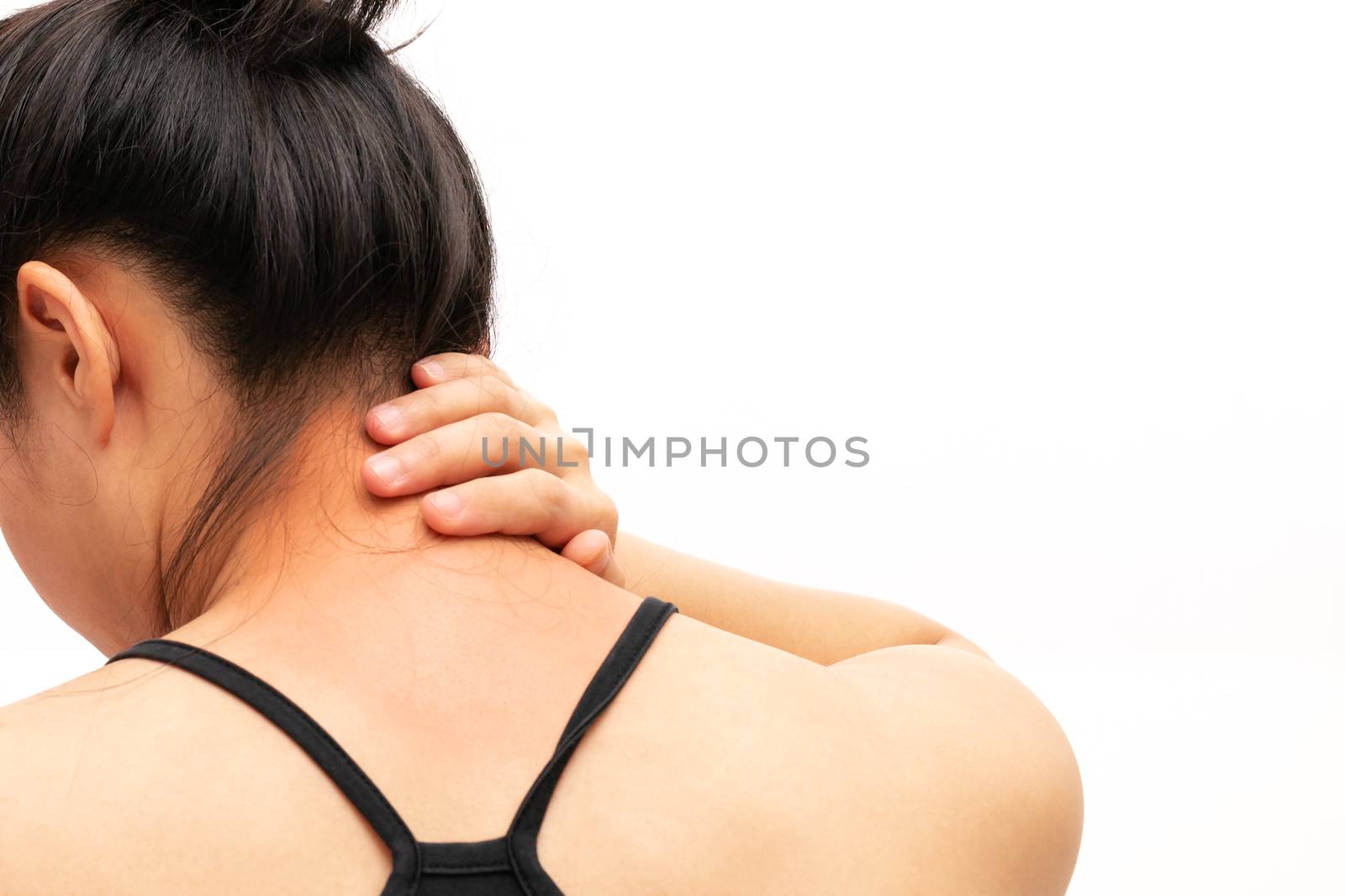 young women neck and shoulder pain injury, healthcare and medical concept