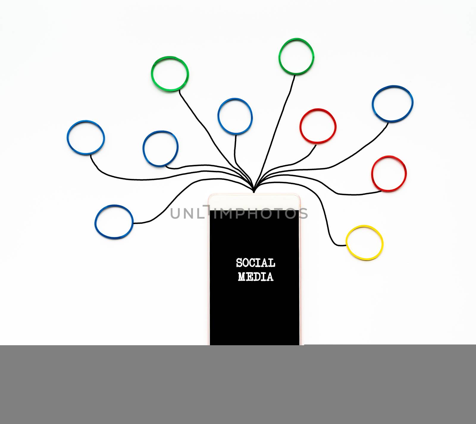 Social media and communication concept, the smartphone with rubber band with hand writing of social media icon on white background
