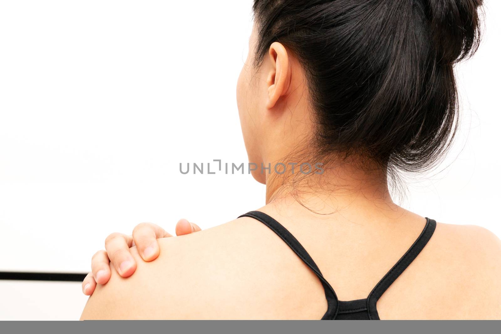 young women neck and shoulder pain injury, healthcare and medical concept
