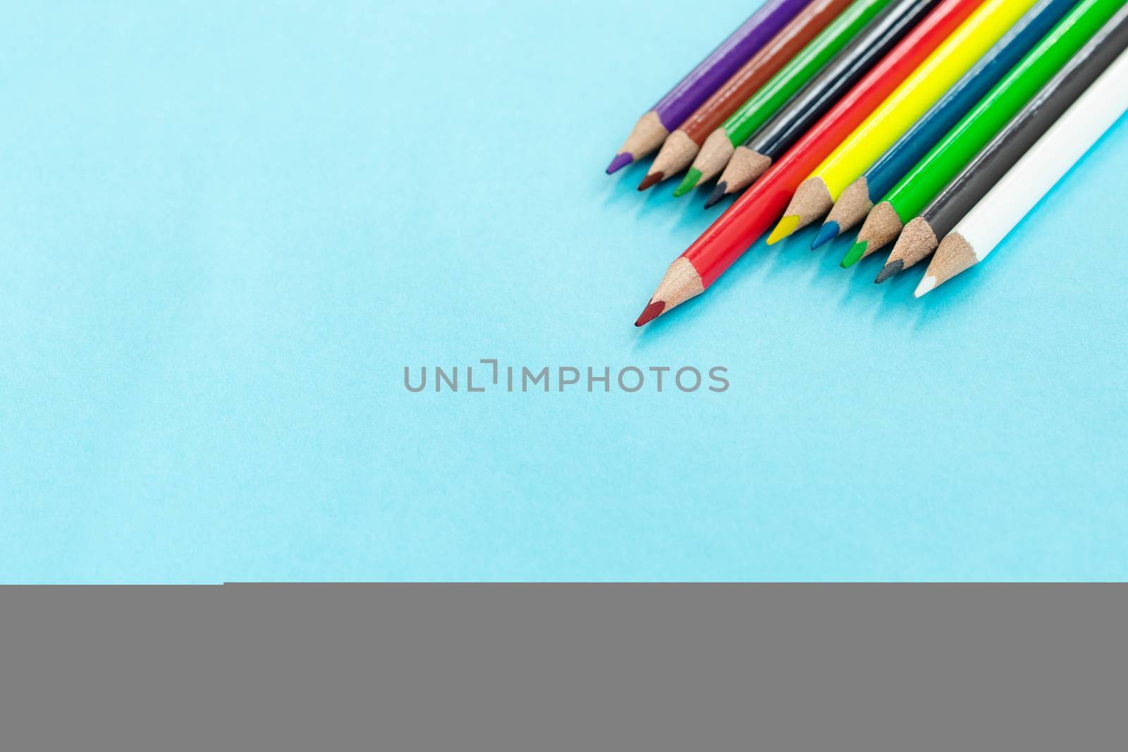 Education or back to school Concept. Close up shot of color pencil pile pencil nibs on blue background with copy space