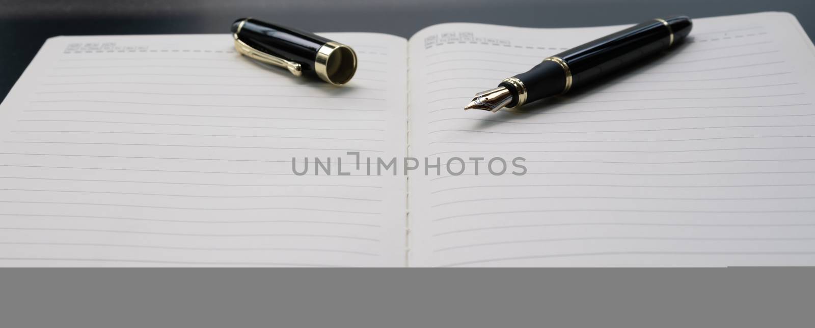 Opened lined diary notebook with a luxury pen with copy space by psodaz