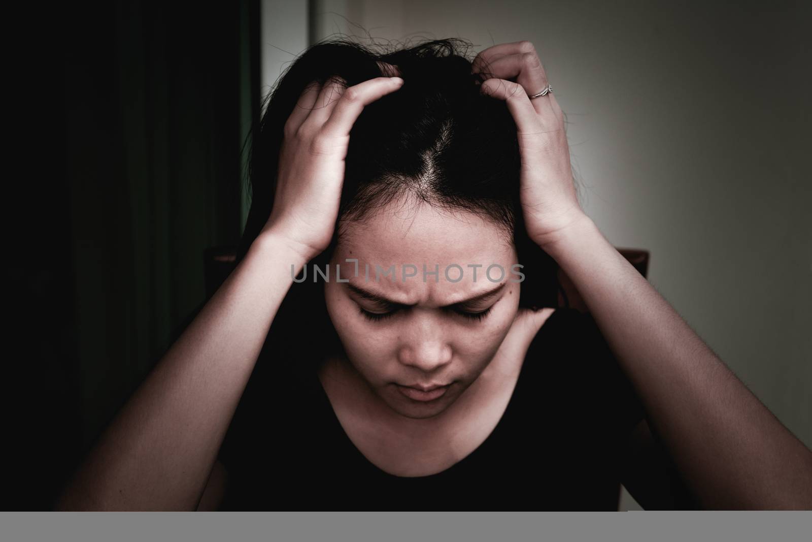 depressed women sitting near curtain in living room, alone, sadness, emotional concept