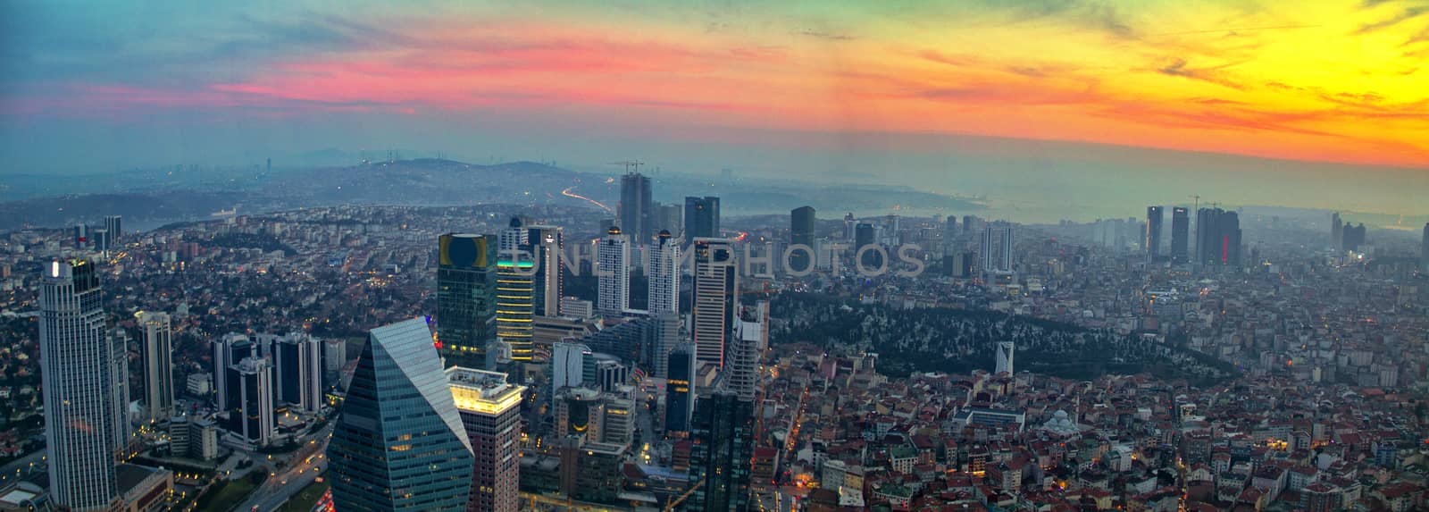 Istanbul sunset skyline aerial panoramic view from Sapphire tower, Levent Financial District, Istanbul Turkey. Beautiful Bosphorus Bridge, business towers, modern offices, central banks, skyscrapers