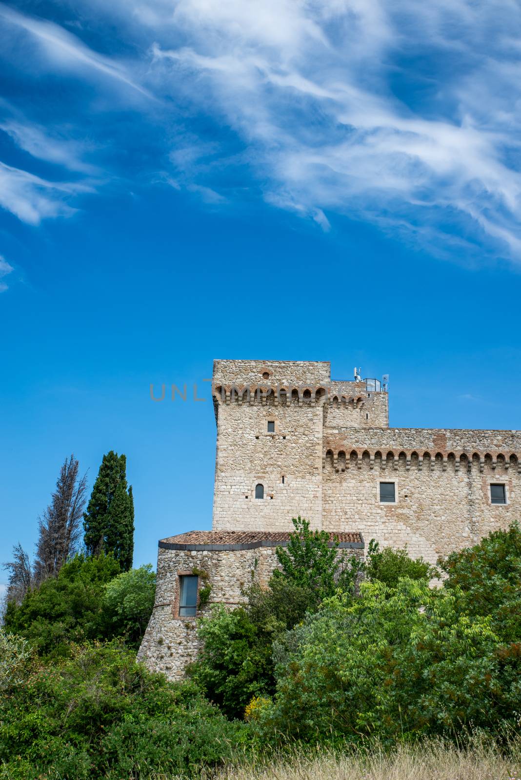 narni, italy may 23 2020: fortress of albornoz on the hill above narni with panoramic view of the ternana basin