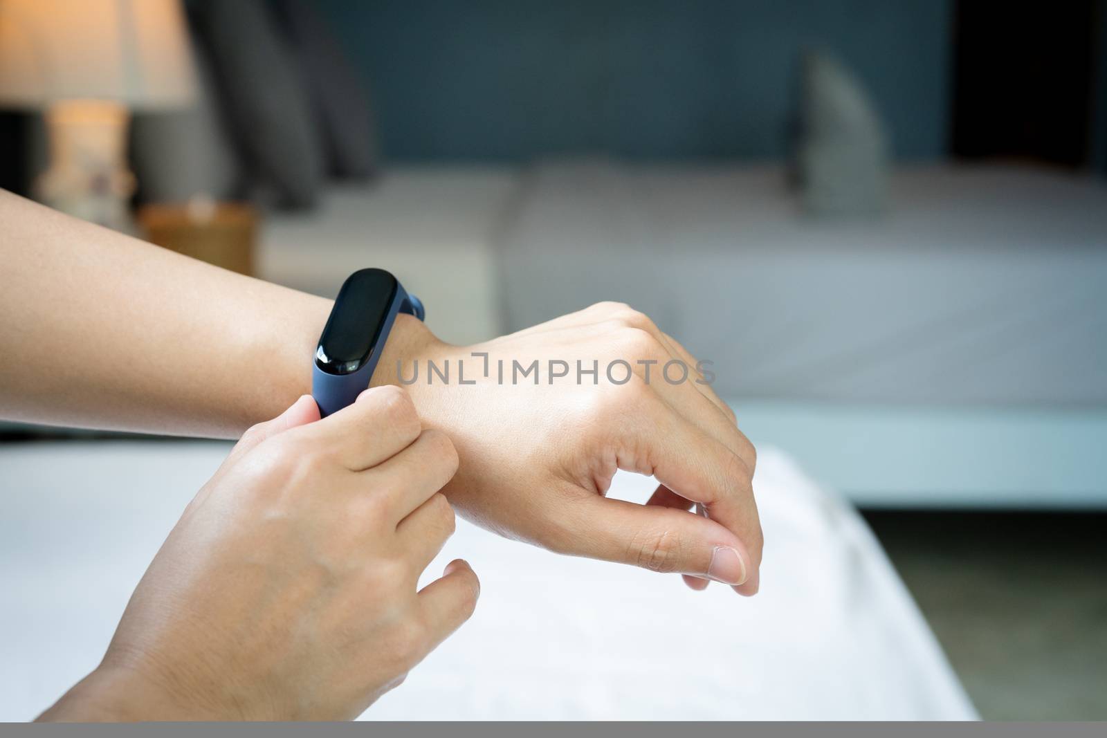 smart band, women touching fitness smart band on her hand