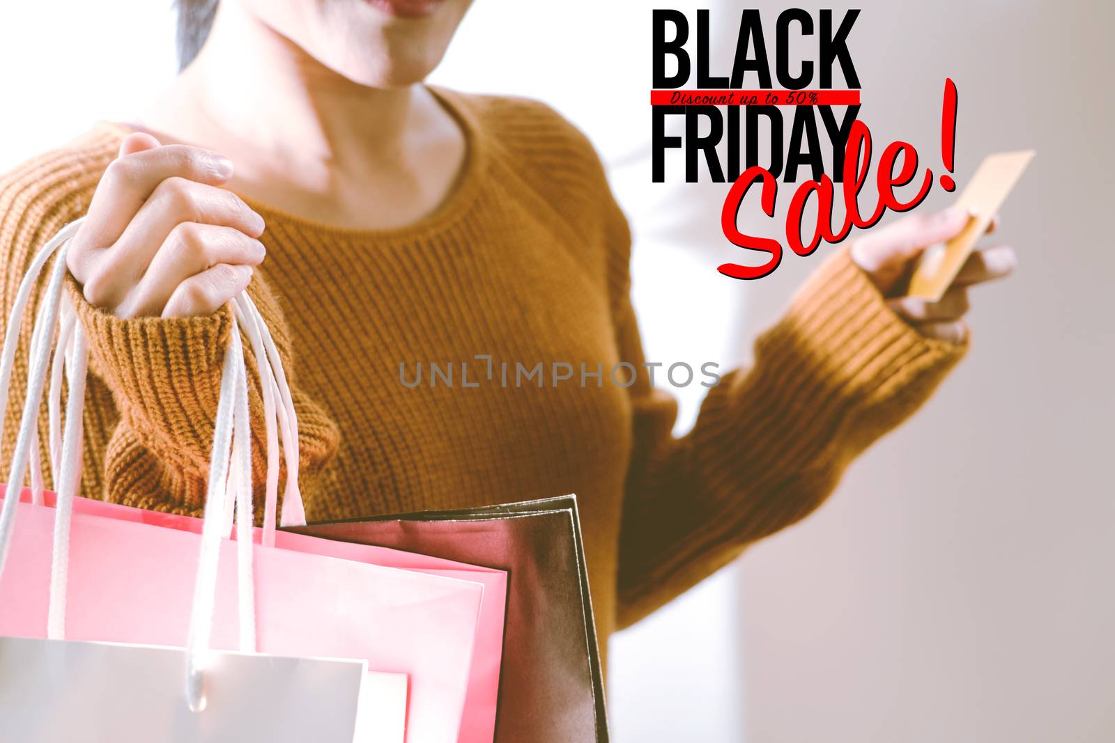 Black Friday sale, Happy girl hold shopping bag