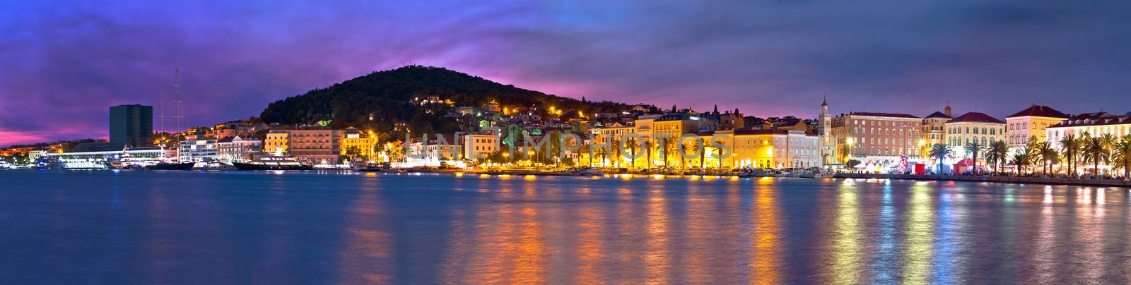 Split waterfront and Marjan hill colorful dusk panoramic view by xbrchx