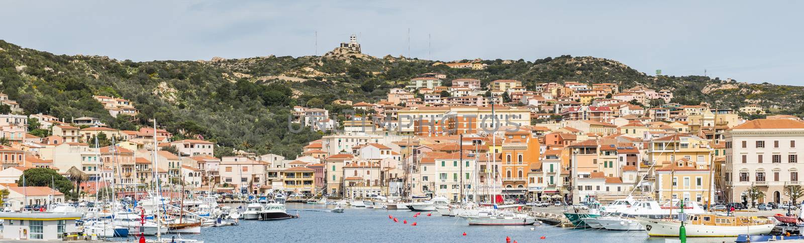 La Maddalena village seen from the water in La Maddalena island, Sardinia, Italy, you arrive this island with the ferry from Palua on the italien island of sardinia