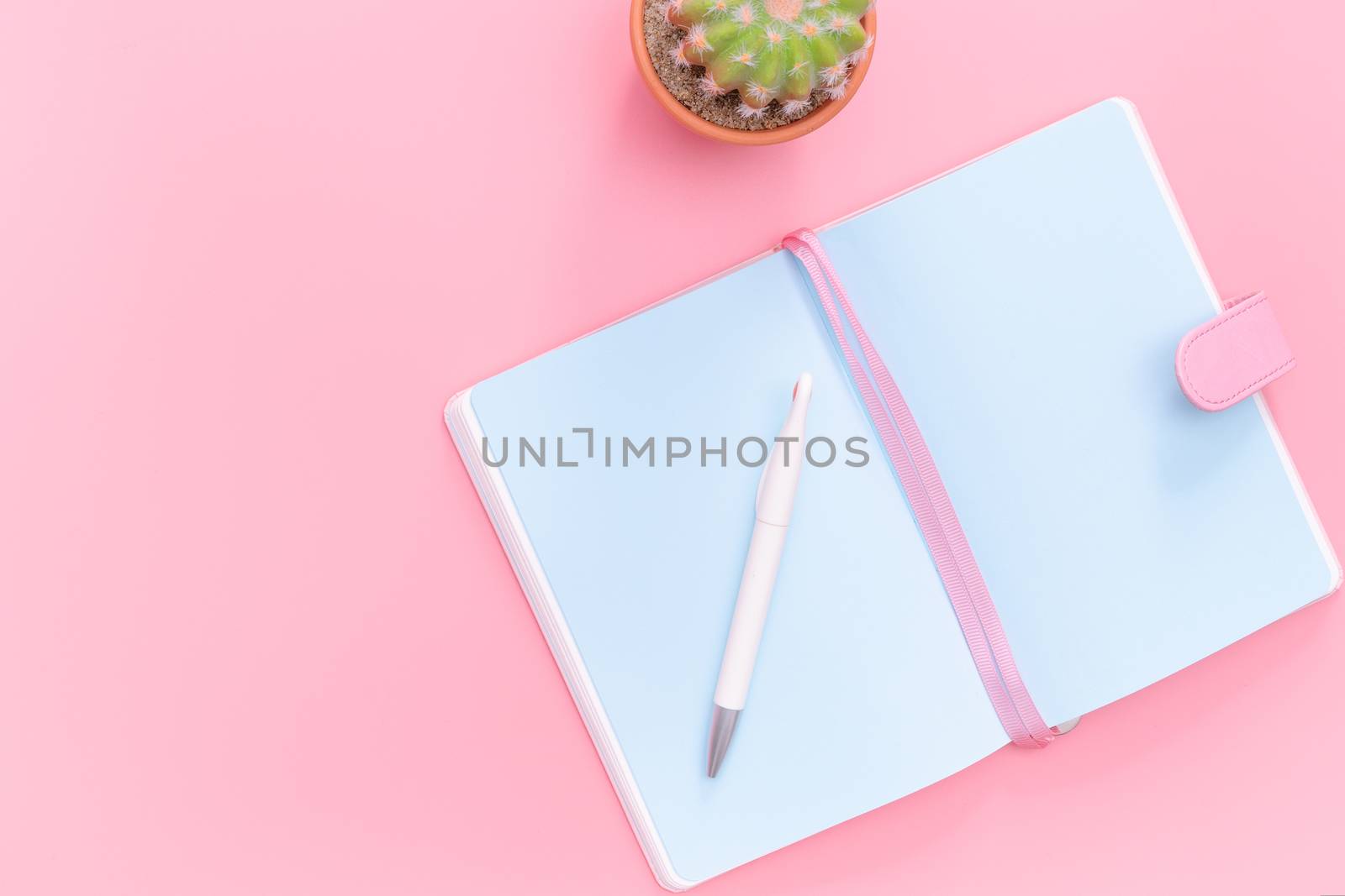 workspace desk styled design office supplies with cactus on pink pastel background minimal style