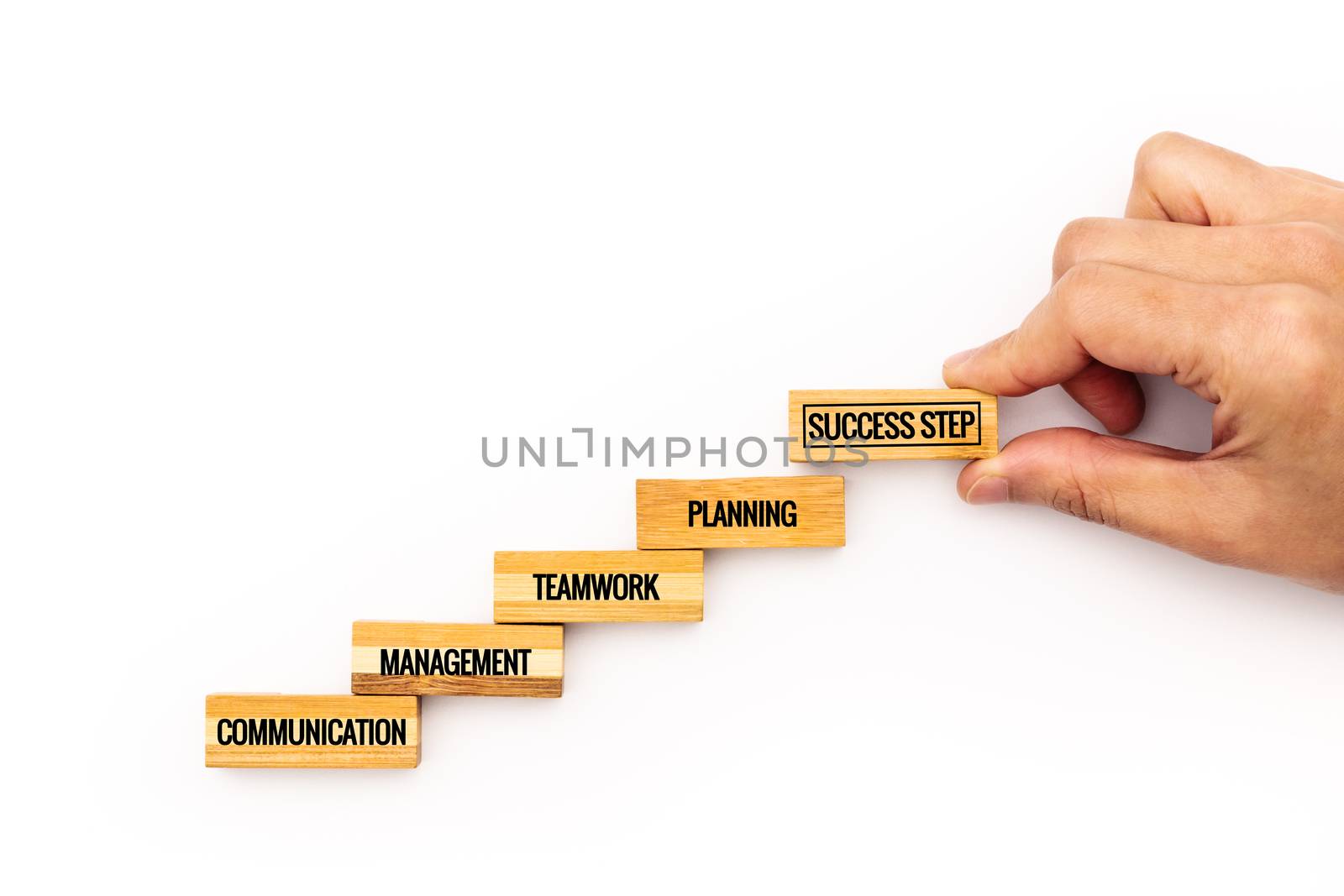 Staircase step to success. Successful business concept. wooden step with text and copy space