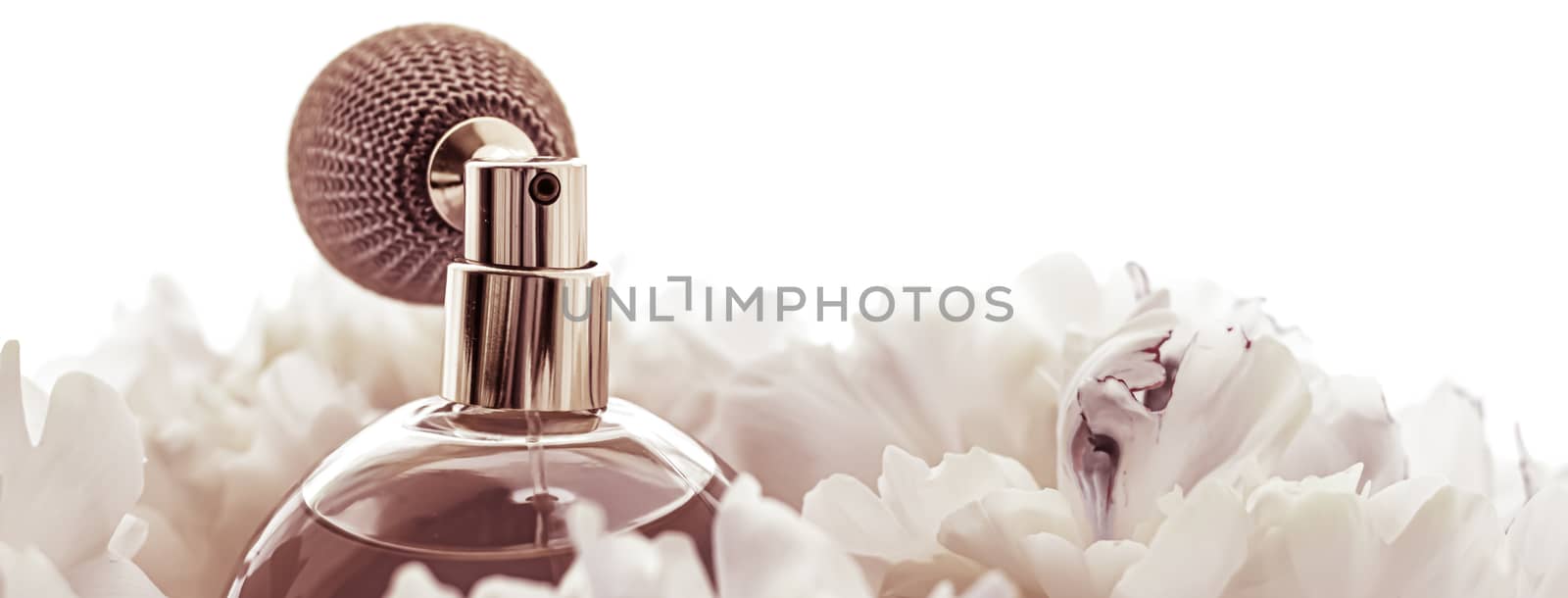 Retro fragrance bottle as luxury perfume product on background of peony flowers, parfum ad and beauty branding by Anneleven