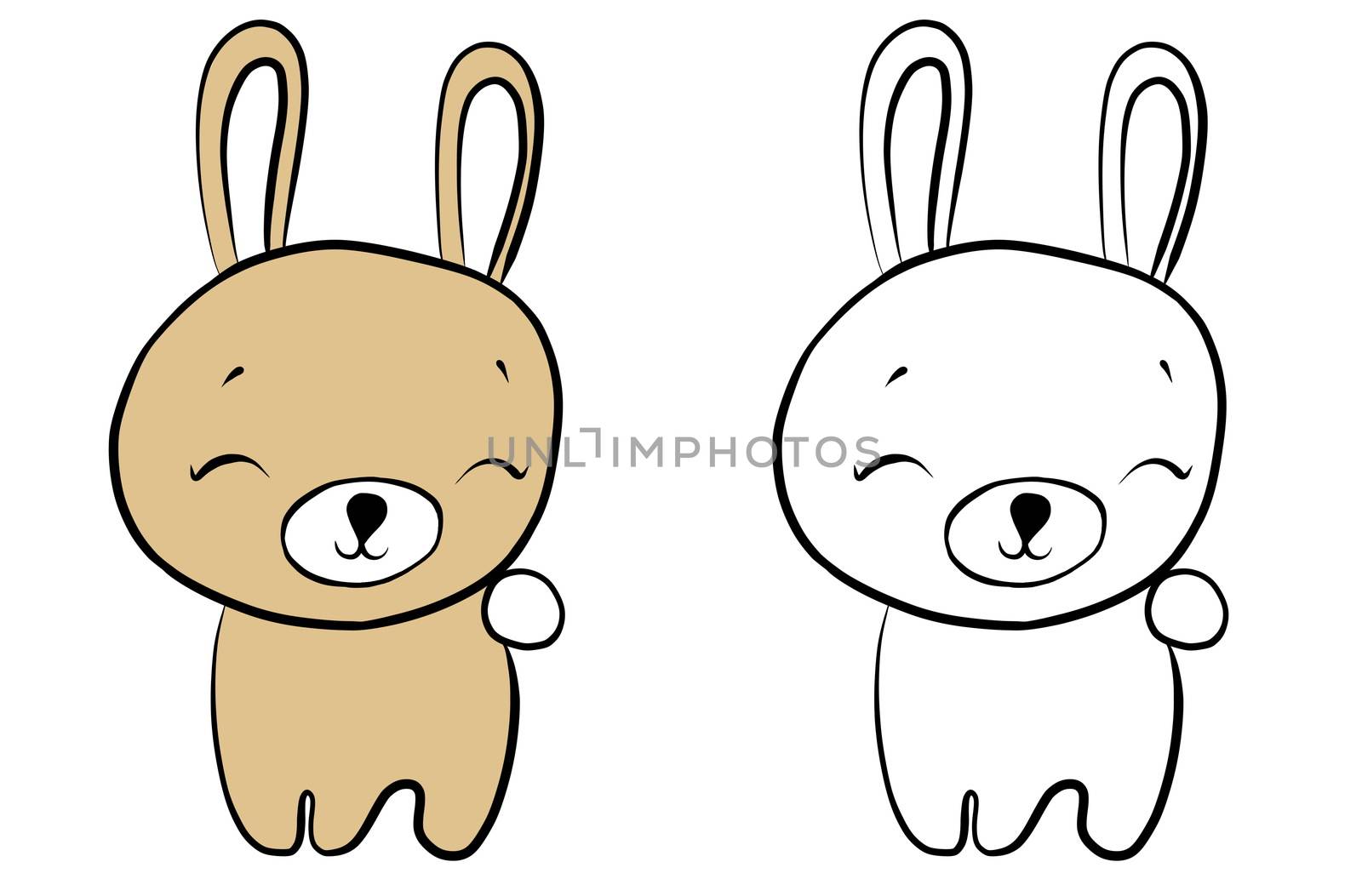 drawing of a cartoon cute toy rabbit - in color and line art, coloring page