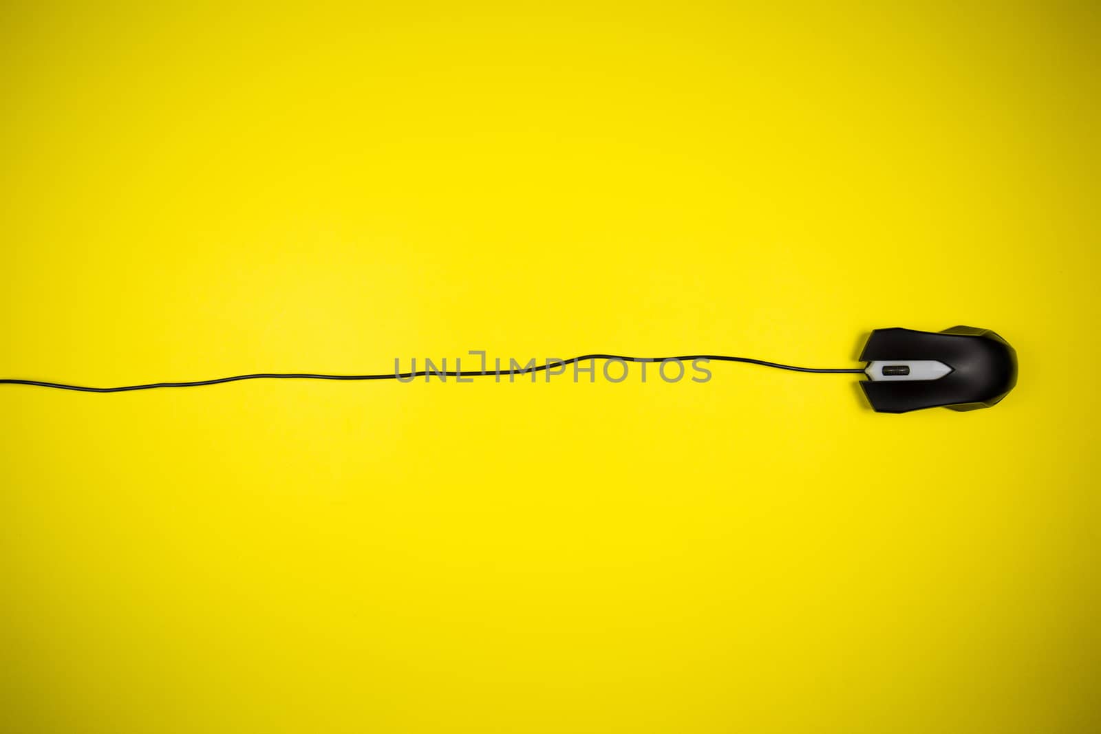 Computer yellow mouse with a long wire on a yellow background