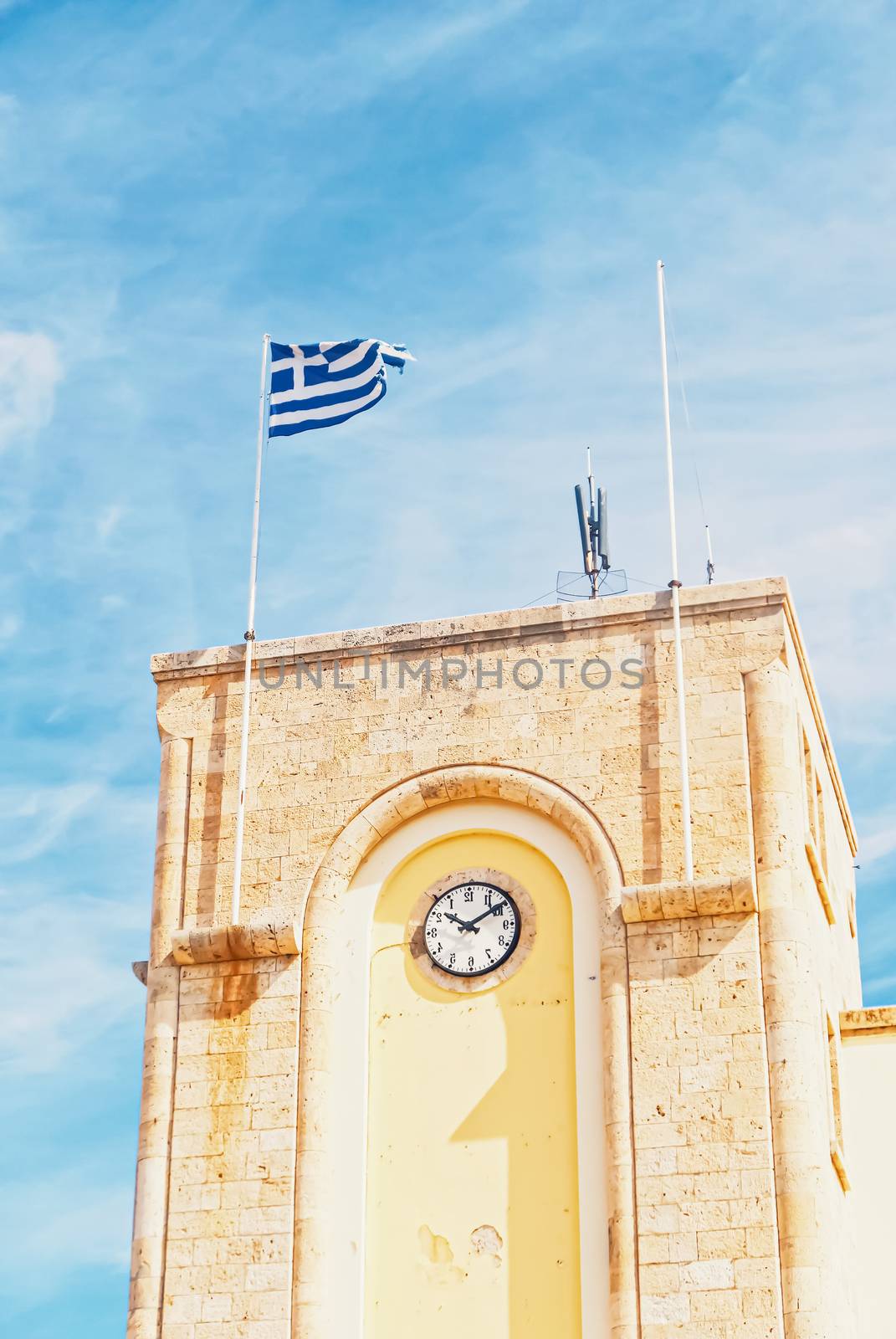 Greek flag and blue sky, travel and politics by Anneleven