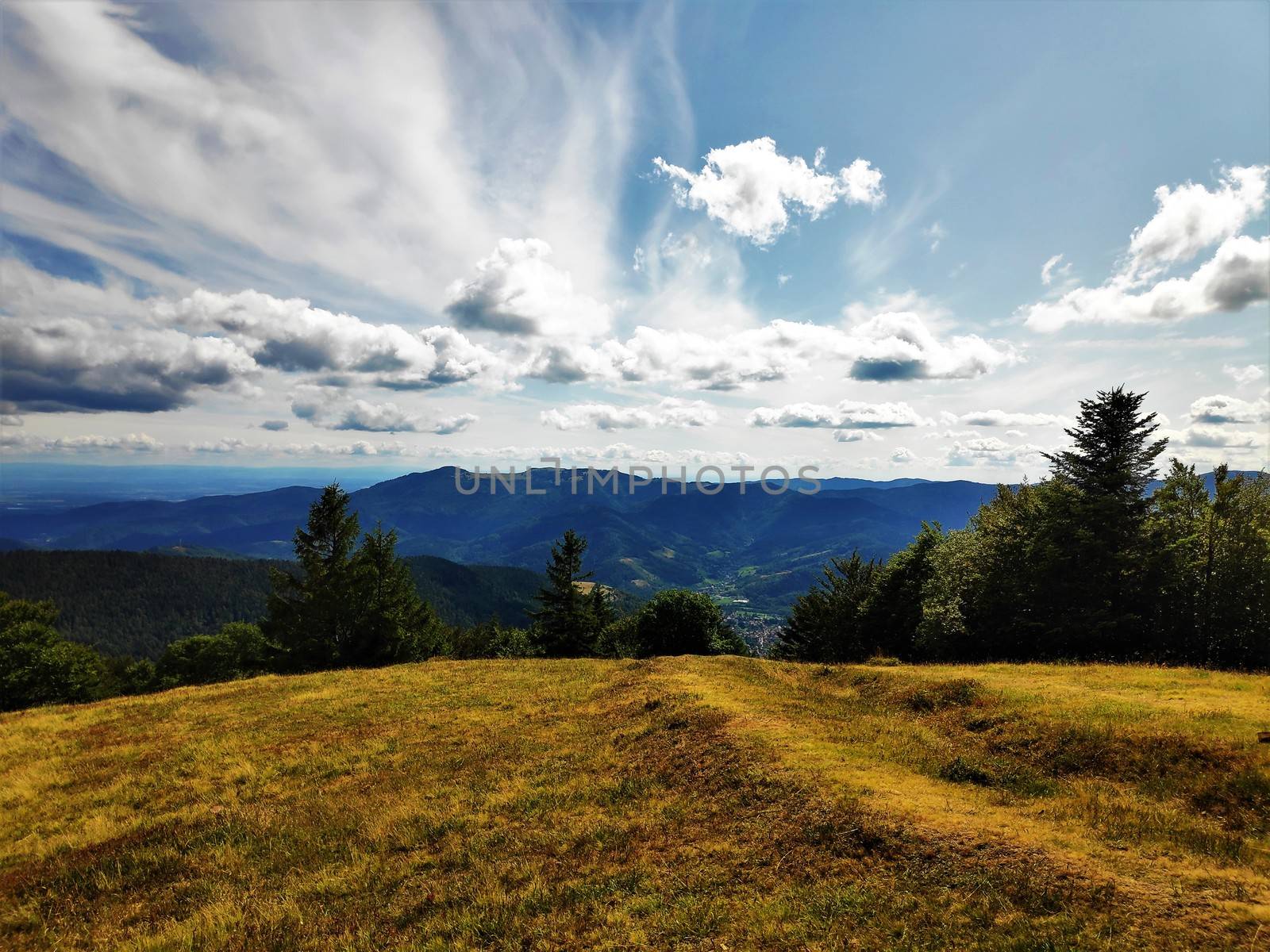Outlook from the Trehkopf view point over the hills of the Vosges region, France