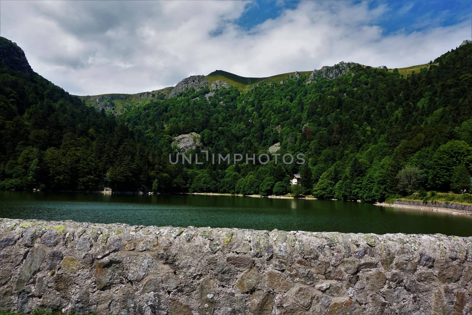 Schiessrothried Lake with dam wall in the Department Haut-Rhin, France