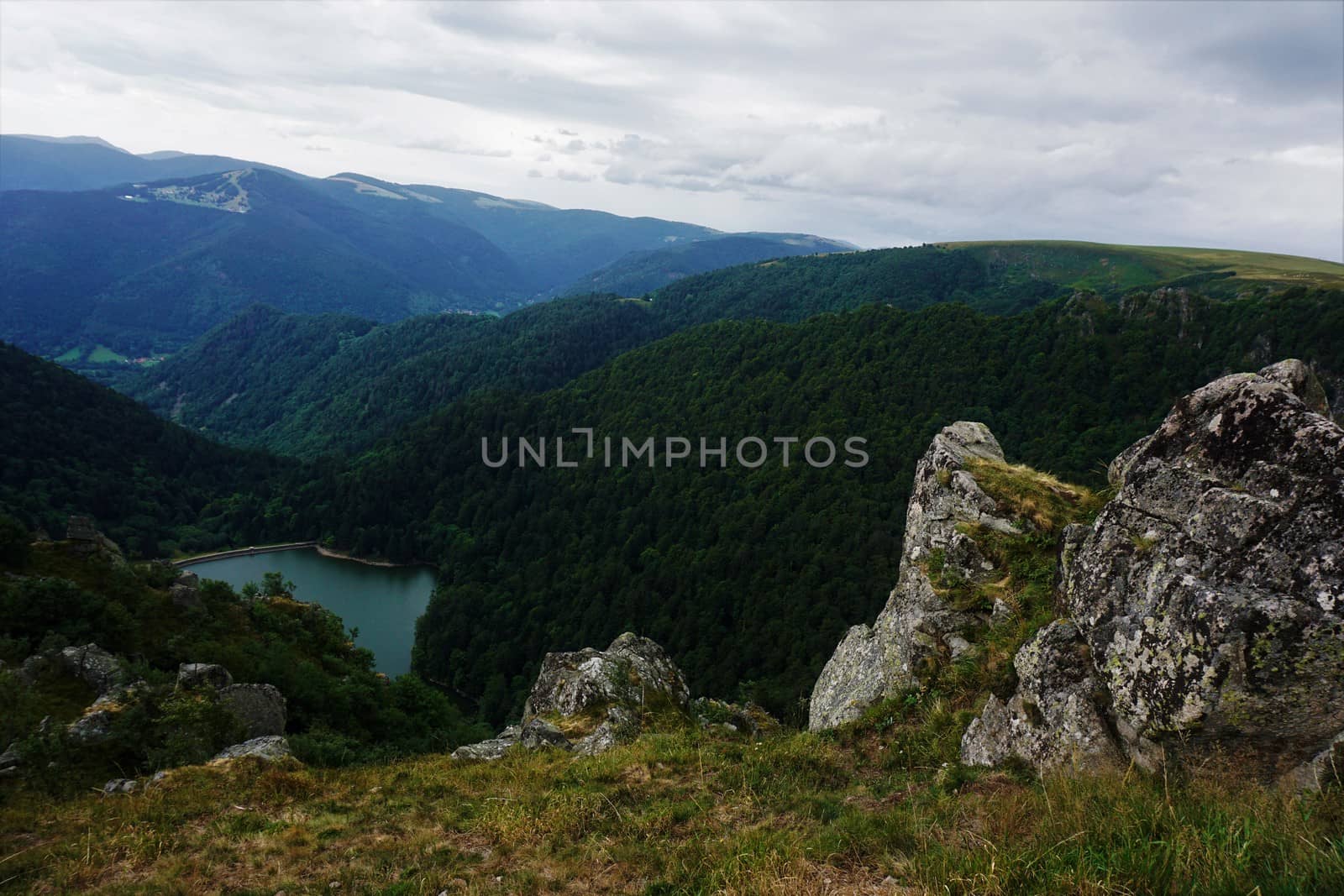 Top view on lake Schiessrothried with hilly landscape of the Vosges by pisces2386