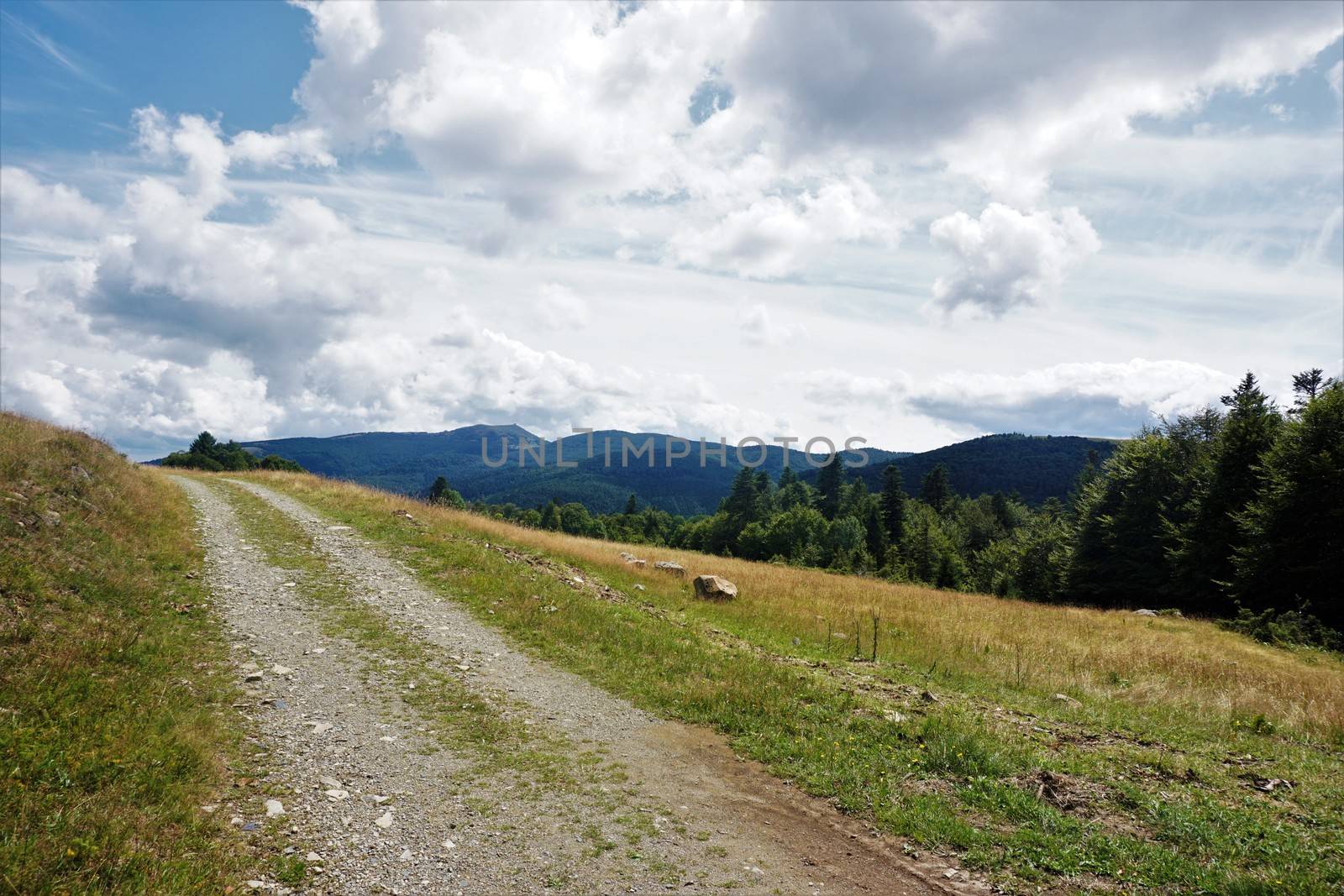 Dirt road in front of mountain ridges of the Vosges, France