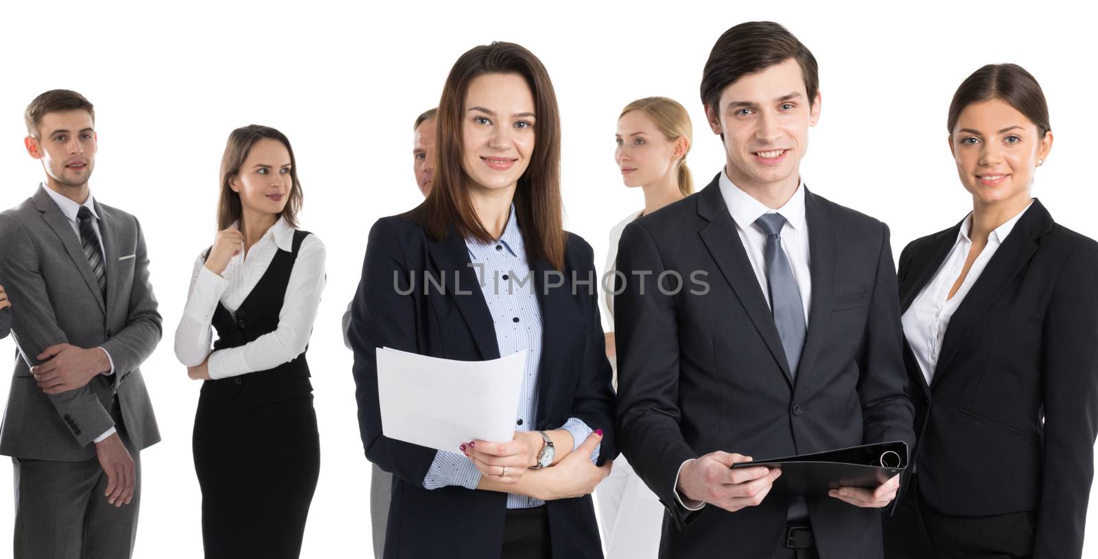 Business people team with contract documents isolated on white background