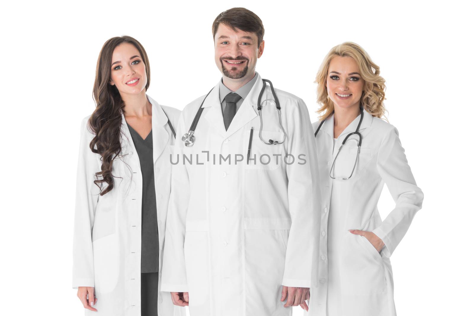 Happy medical team of doctors man and women isolated on white background