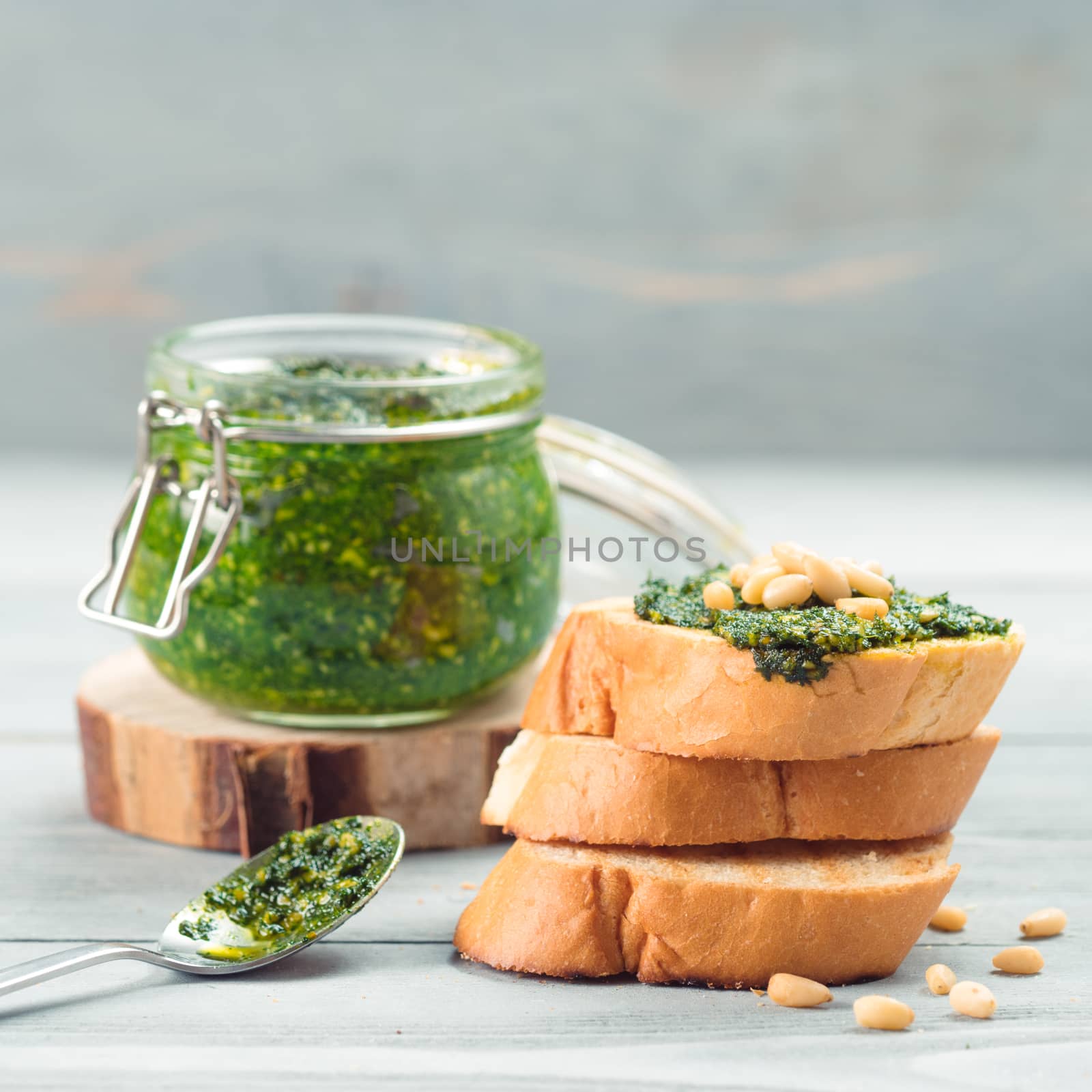 baguette bread with fresh pesto by fascinadora