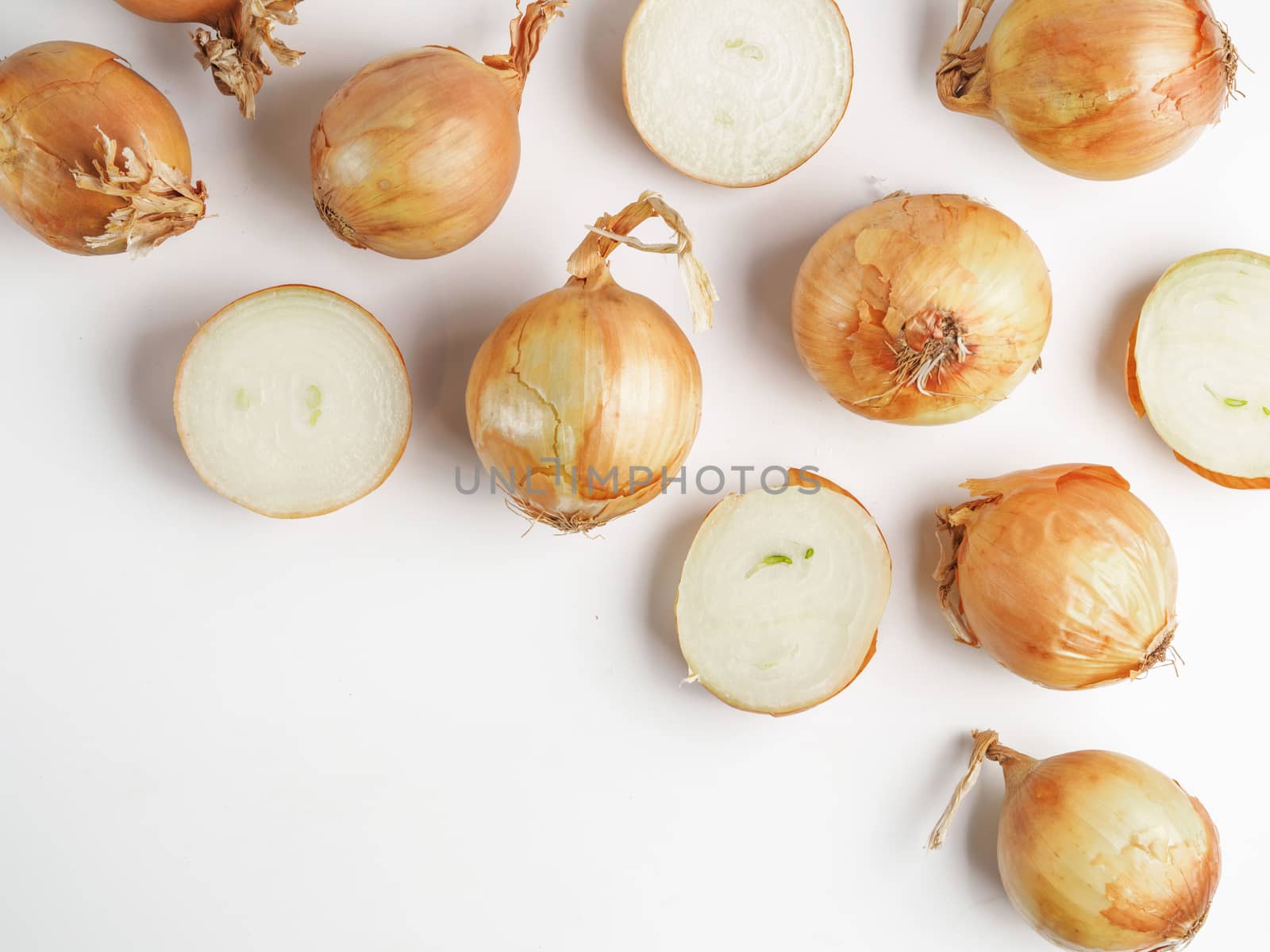 Onion seamless pattern isolated on white with clipping path. Top view or flat-lay. Copy space.