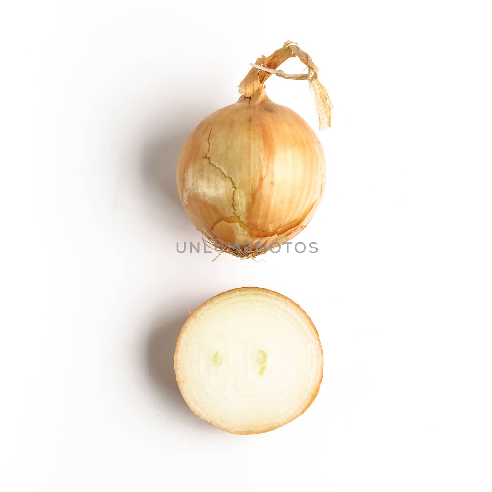 Onion full and half. Isolated on white with clipping path. Top view or flat-lay. Copy space.
