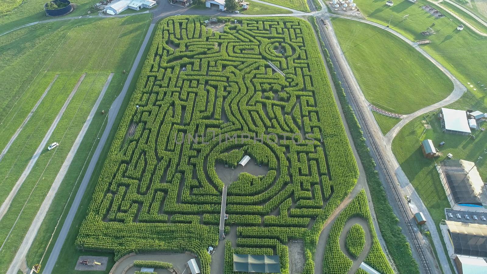 Downward view from a drone of a large corn maze in Pennsylvania