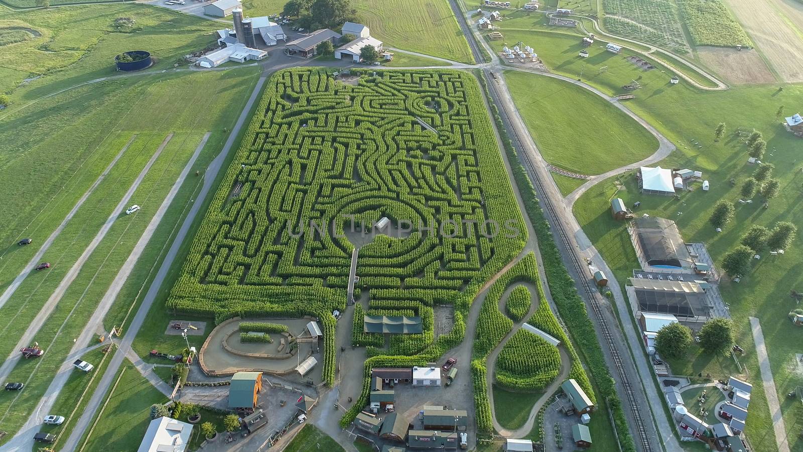 Downward view from a drone of a large corn maze in Pennsylvania