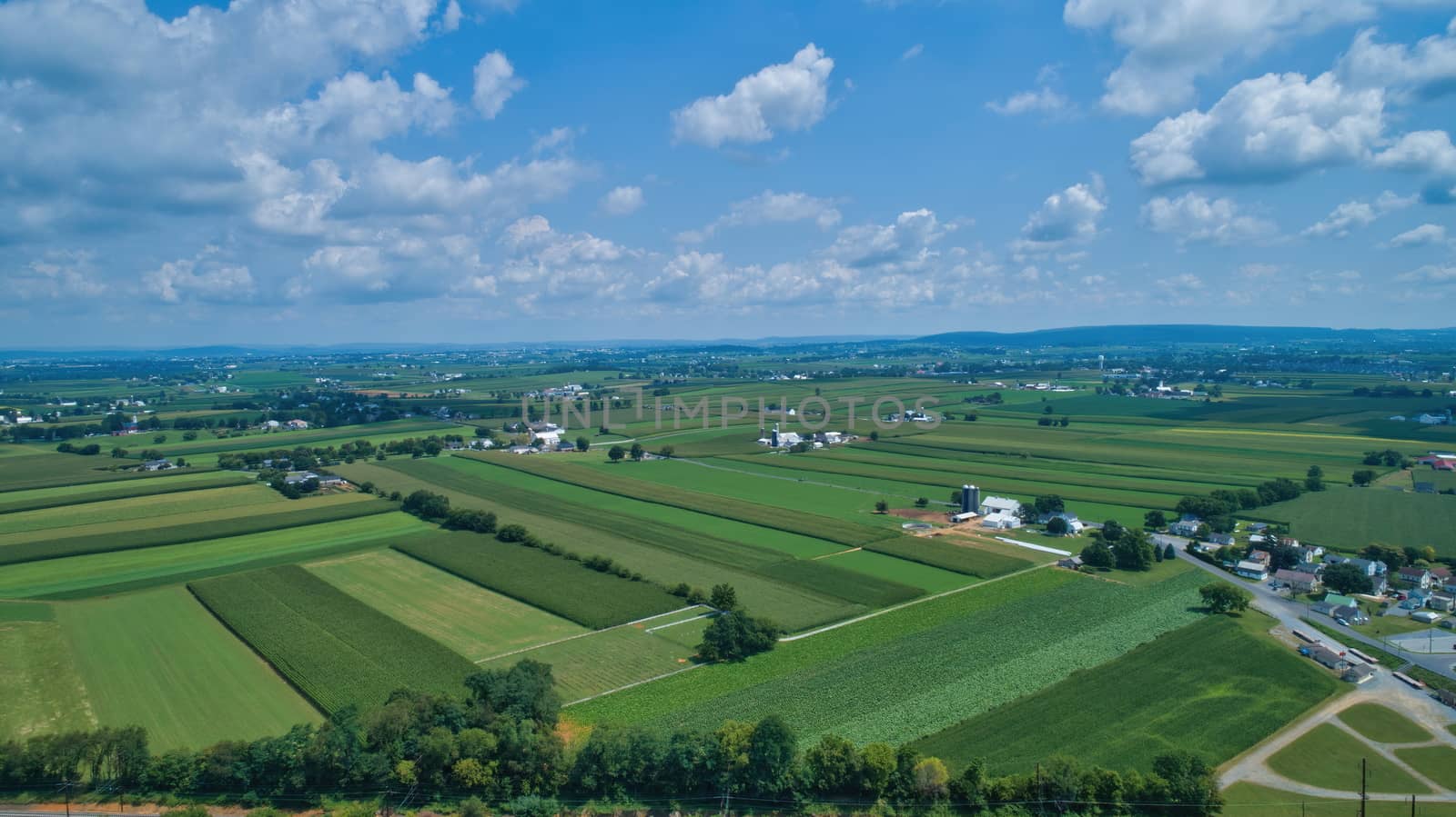 Aerial view of farm lands in summer with blue skies and white fluffy clouds