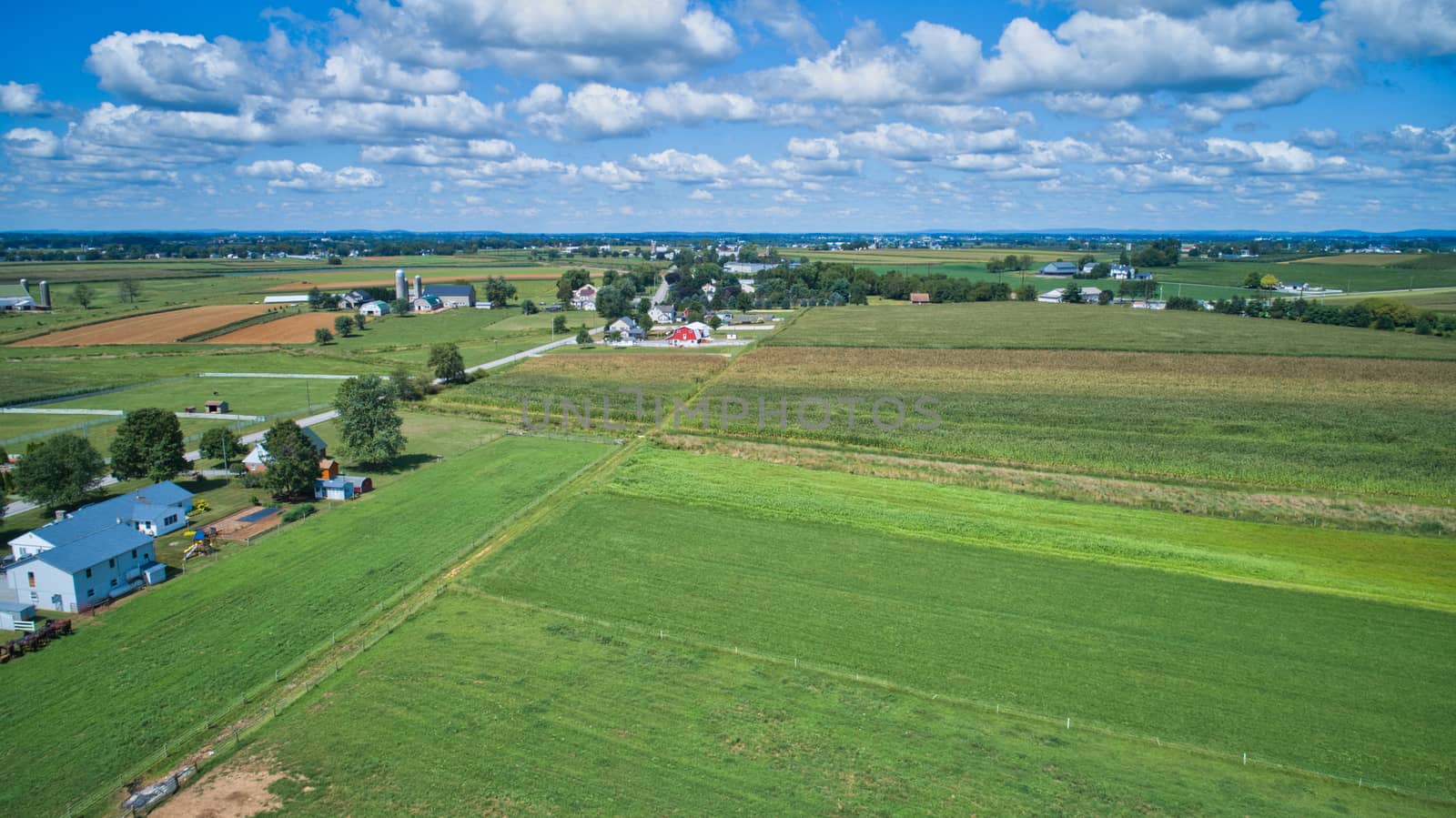 Aerial view of green farmlands and rolling crops growing on a beautiful sky on a sunny countryside