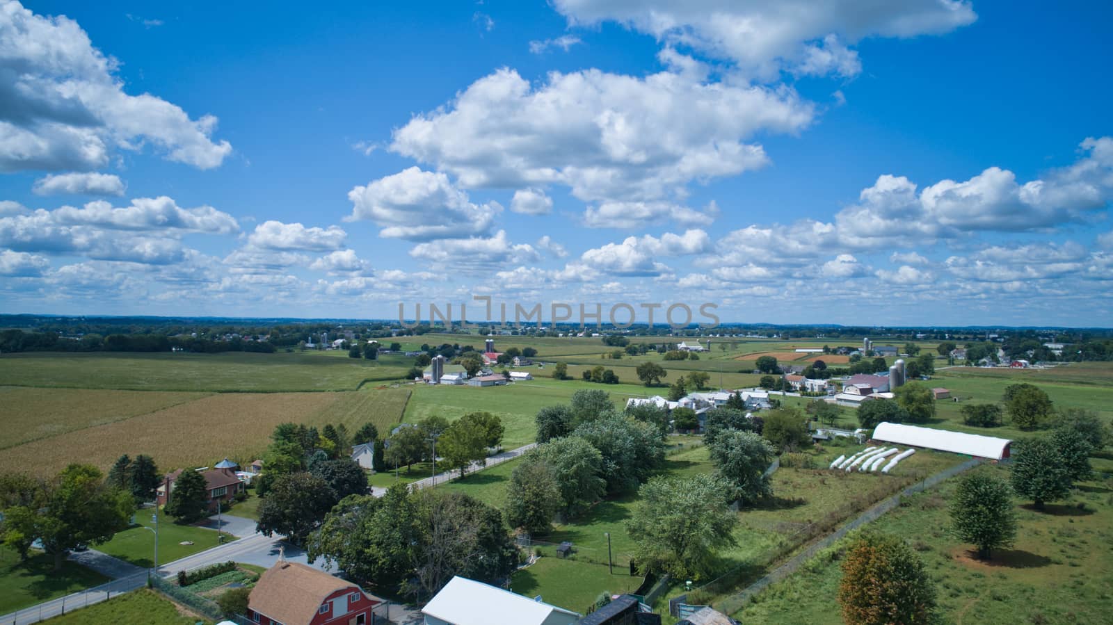 Aerial view of Amish countryside on a sunny summer day