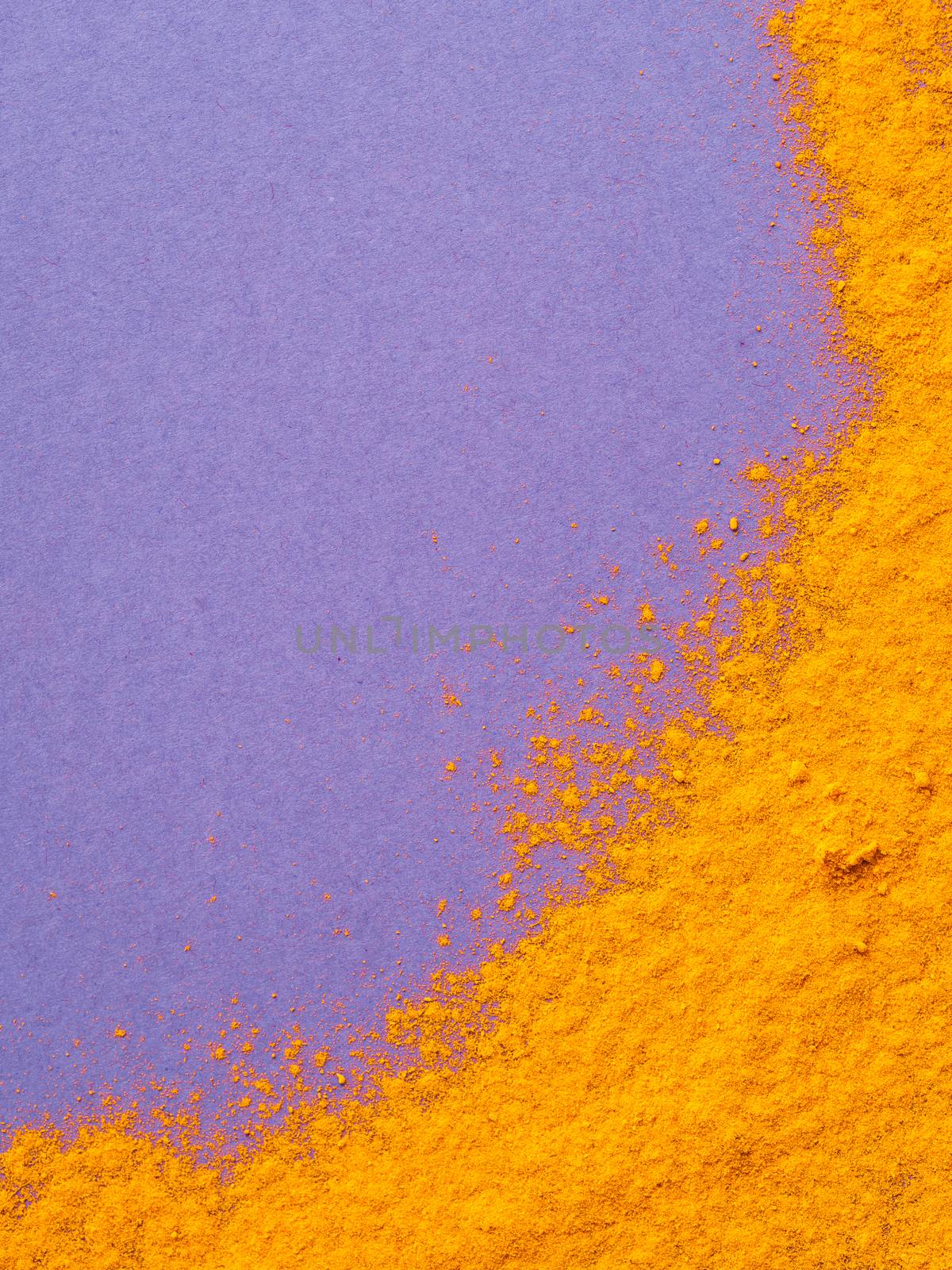 Turmeric Powder or Curcuma longa on violet background. Top view. Copy space for text.