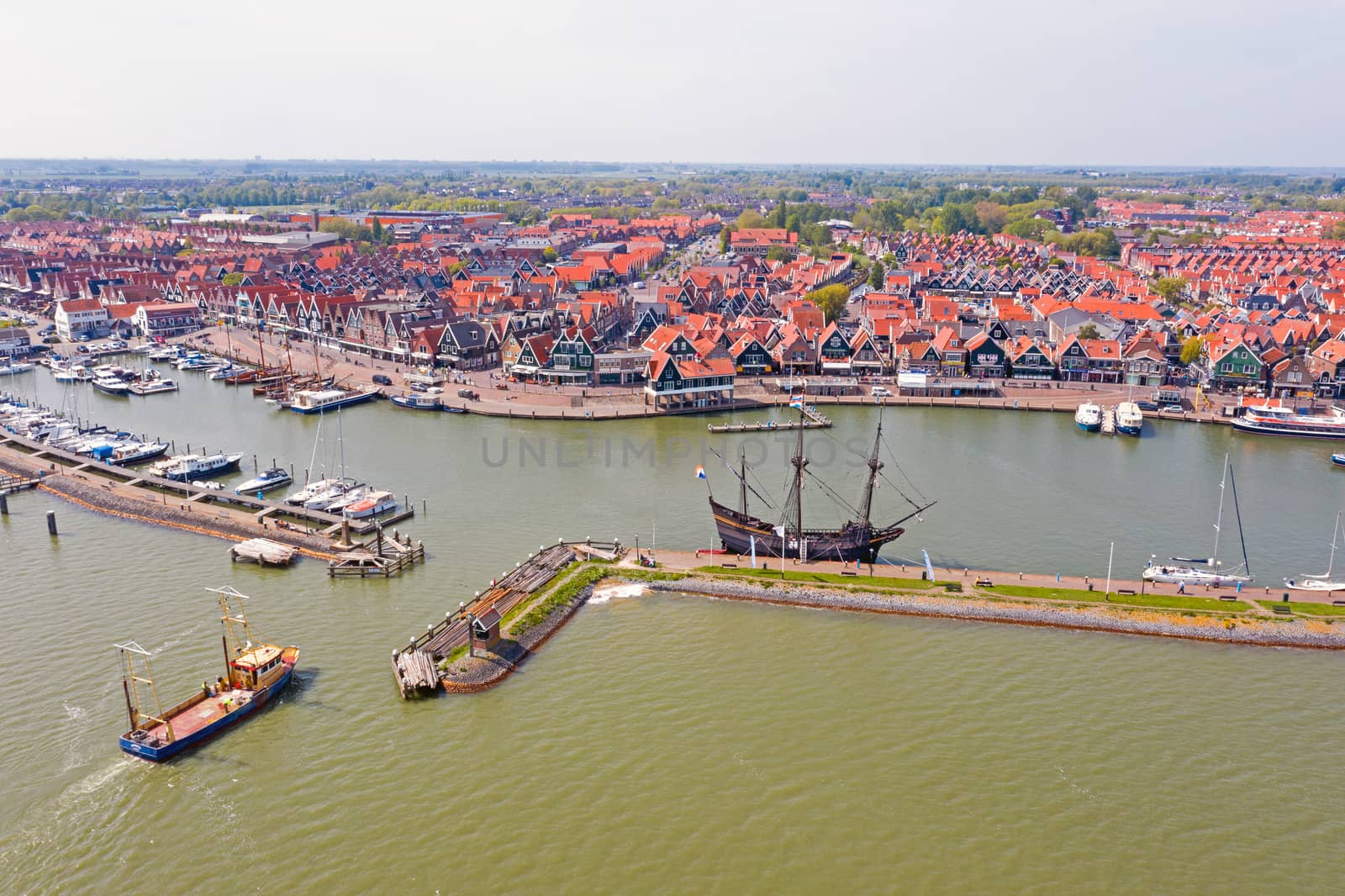 Aerial from the harbor and traditional village Volendam in the Netherlands