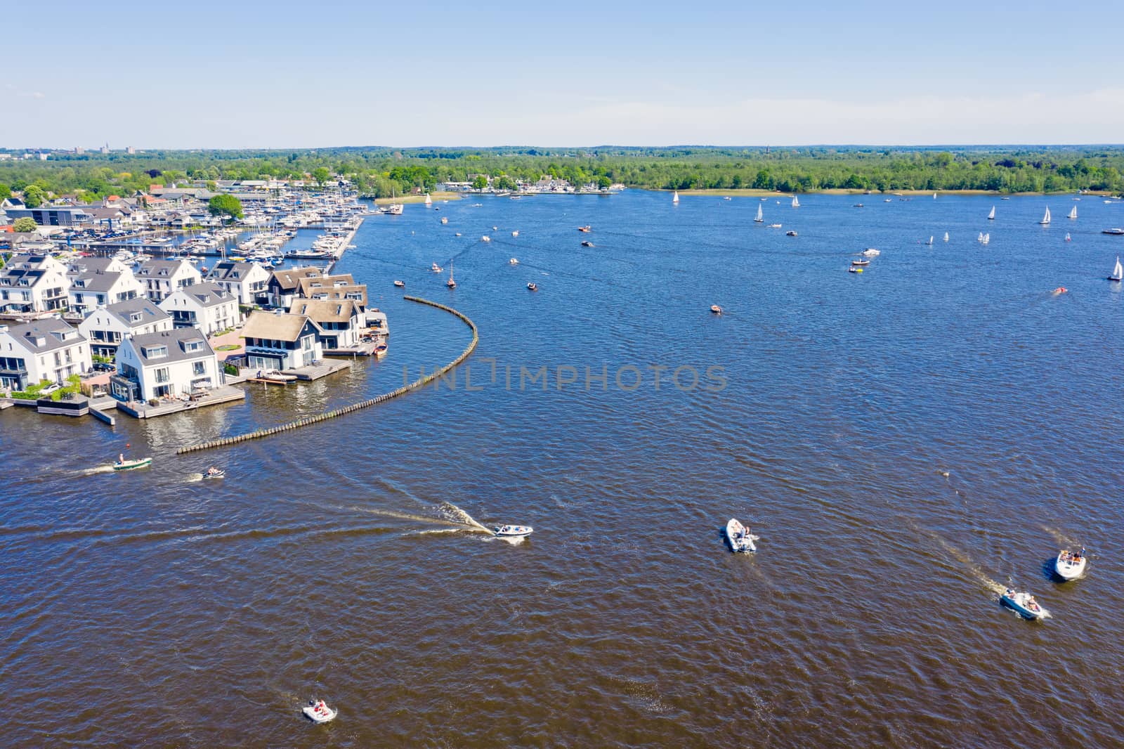 Aerial from the Loosdrechtse plassen in the Netherlands on a summer day