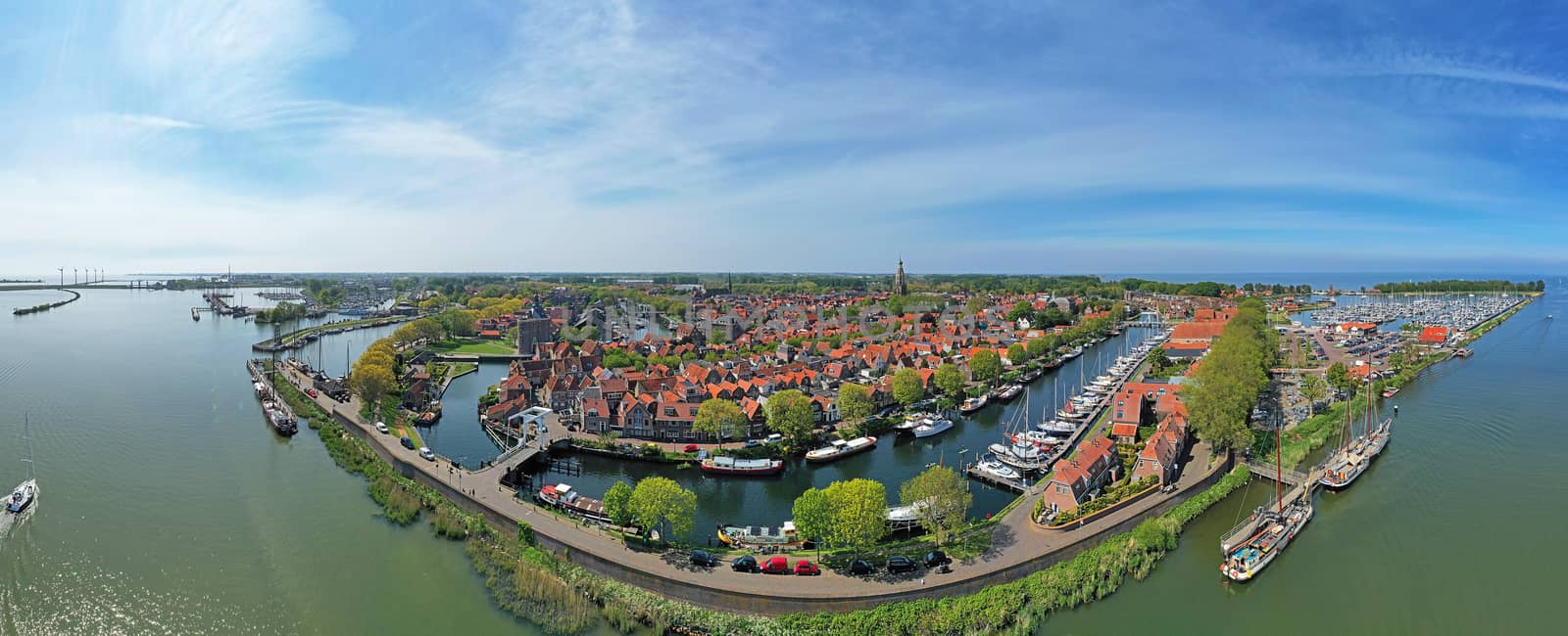 Aerial Panorama from the harbor and the historical city Enkhuizen in the Netherlands