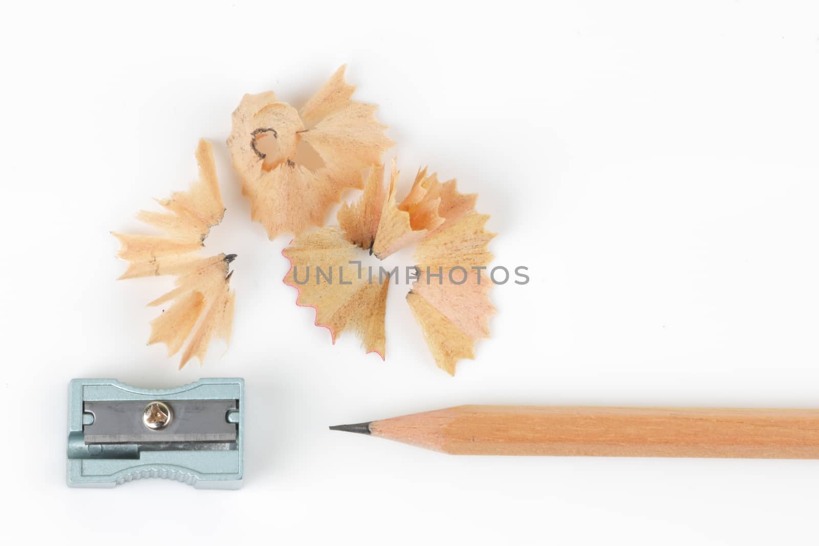 A pencil and sharpener with shavings on white