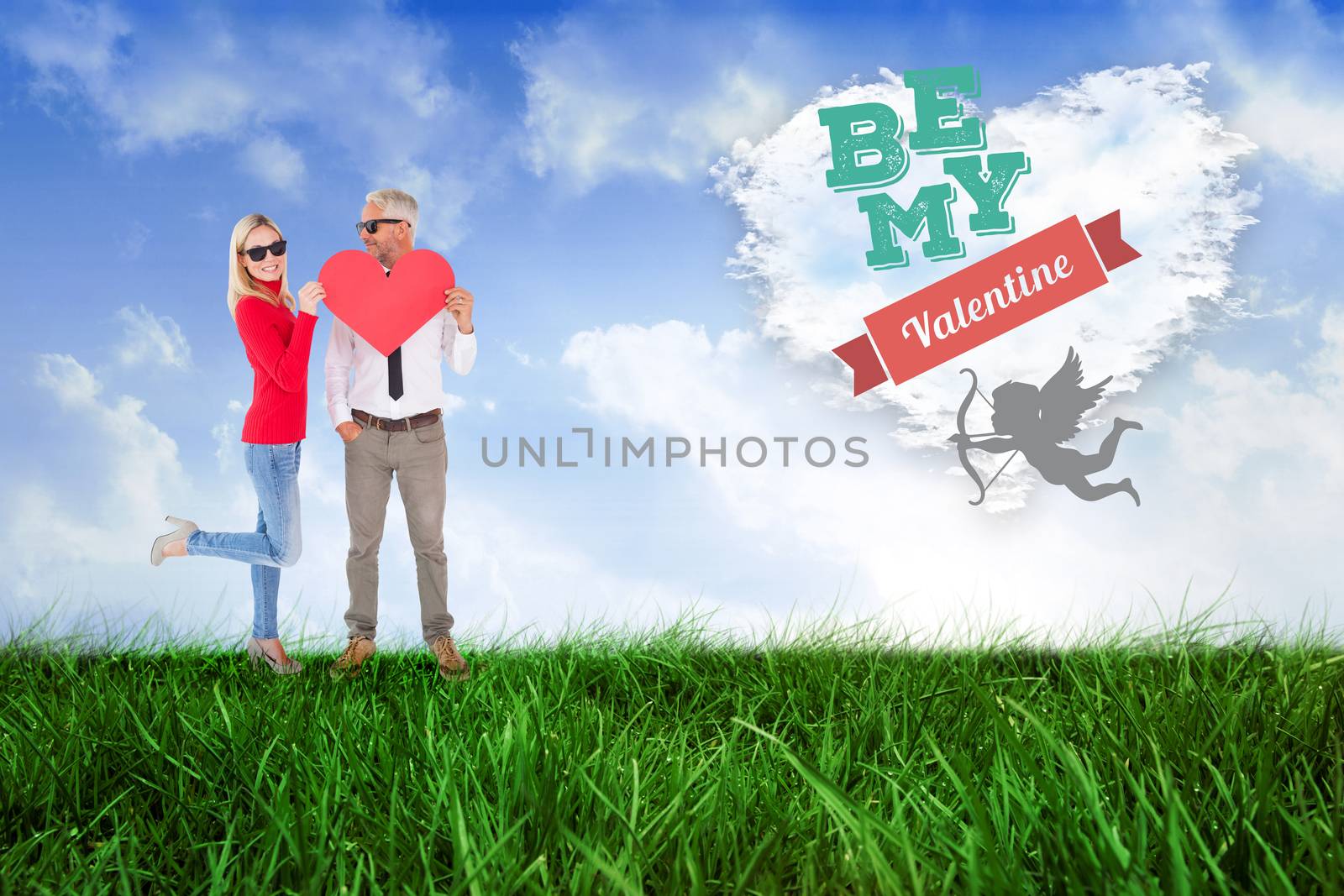 Cool couple holding a red heart together against cloud heart