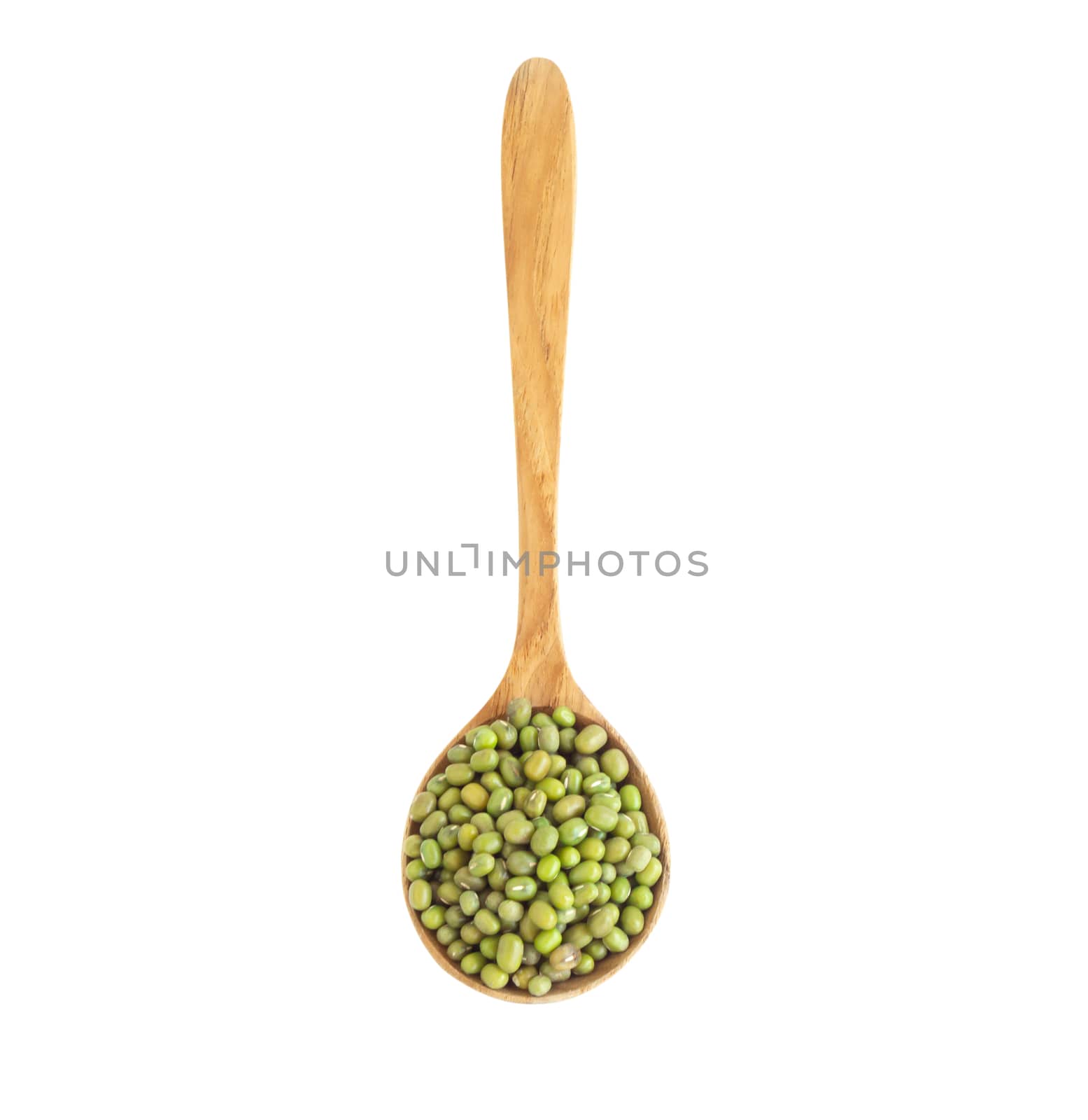 Mung beans wooden spoon isolated on white backgroun, health care concept